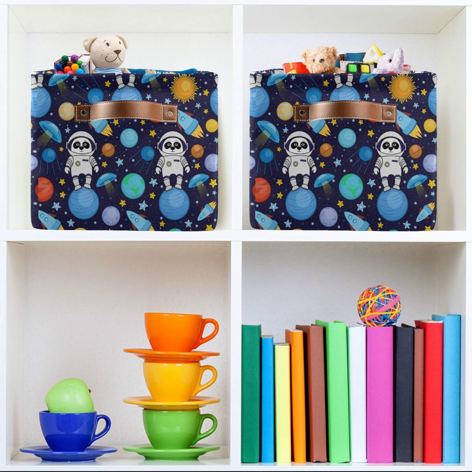 AUUXVA Collapsible Canvas Storage Basket with Panda Astronaut & Space Design - Durable Toy Organizer Bin with Handles for Bedroom, Closet, Office & Kids Room | Space-Themed Storage Solution for Toys, Books & Home Organization