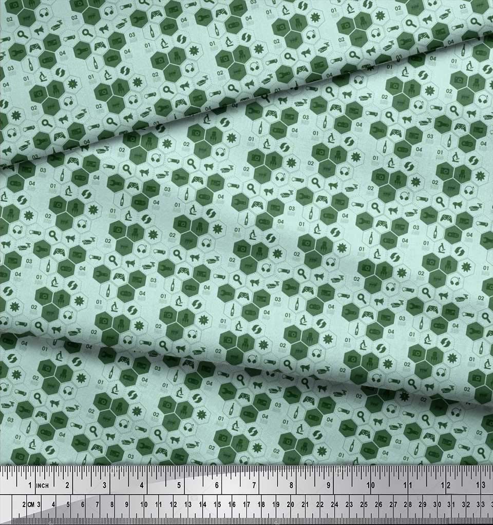Soimoi 42 Inch Wide Poly Georgette Fabric - Green Printed with Camera, Headphones & Megaphone Design - Sold by The Yard - Perfect for DIY Fashion, Home Decor & Craft Projects