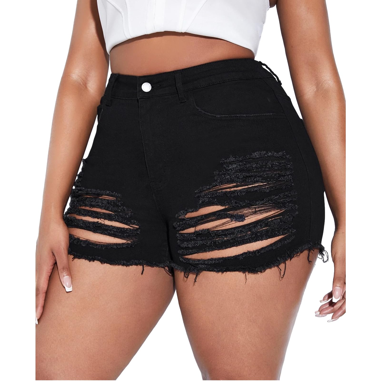 MapleHub Plus Size Women's Ripped Denim Jean Shorts - High Waisted Stretchy Folded Hem Distressed Denim Shorts for Casual Wear, Summer Outfits & Street Style Fashion