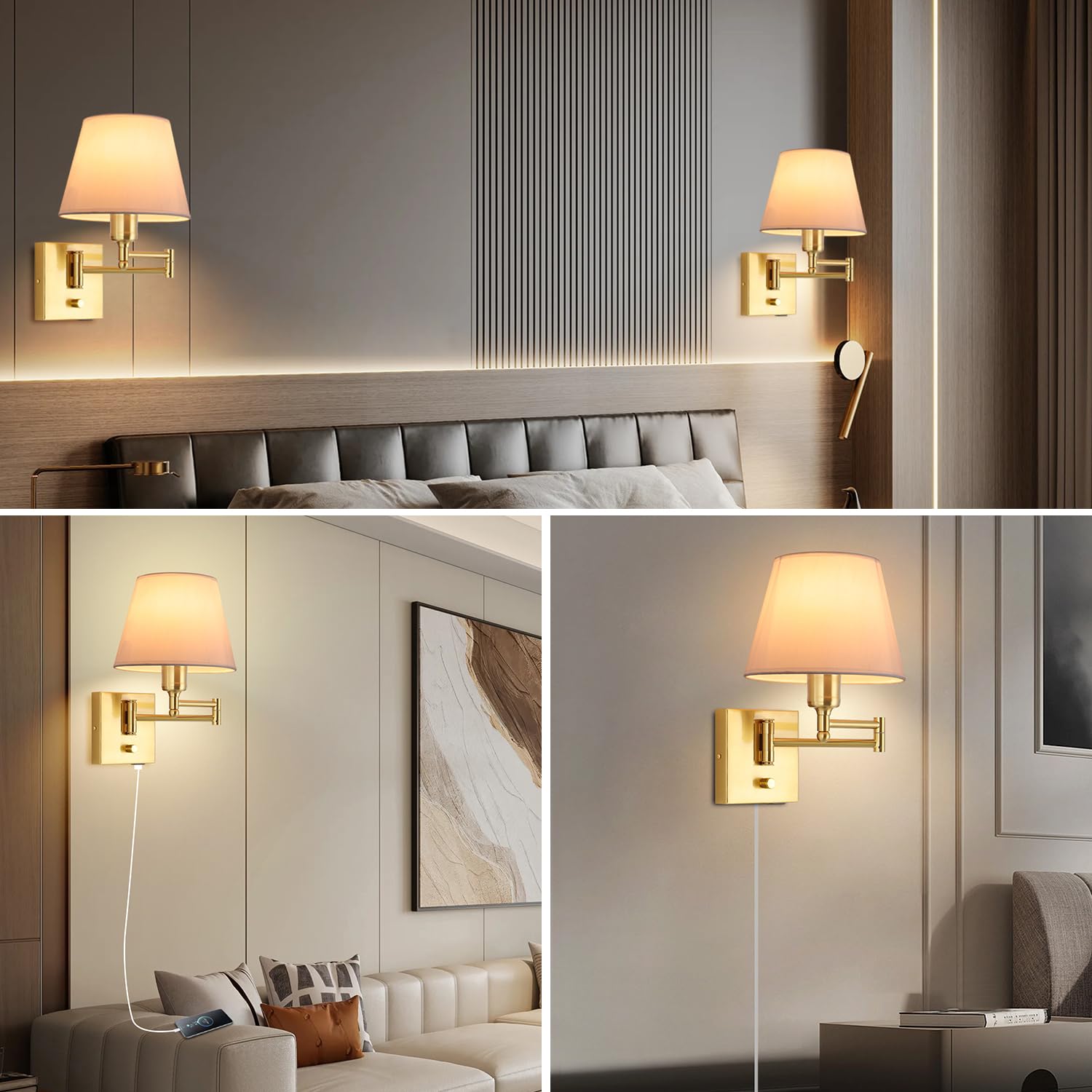 Dimmable Swing Arm Wall Sconce Light with USB Port - Adjustable Fabric Shade Bedside Lamp with Plug-in Cord, Gold Wall Light for Bedroom, Living Room & Hotel | Perfect for Reading, Nightstand Lighting and Modern Home Decor