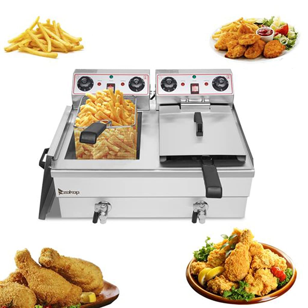 Commercial Stainless Steel Double Tank Electric Deep Fryer - 3400W 110V US Plug, 24.9QT/23.6L Capacity with 2 Baskets - Perfect for Restaurants, Food Trucks & Home Kitchens to Fry French Fries, Onion Rings, Chicken Wings & More