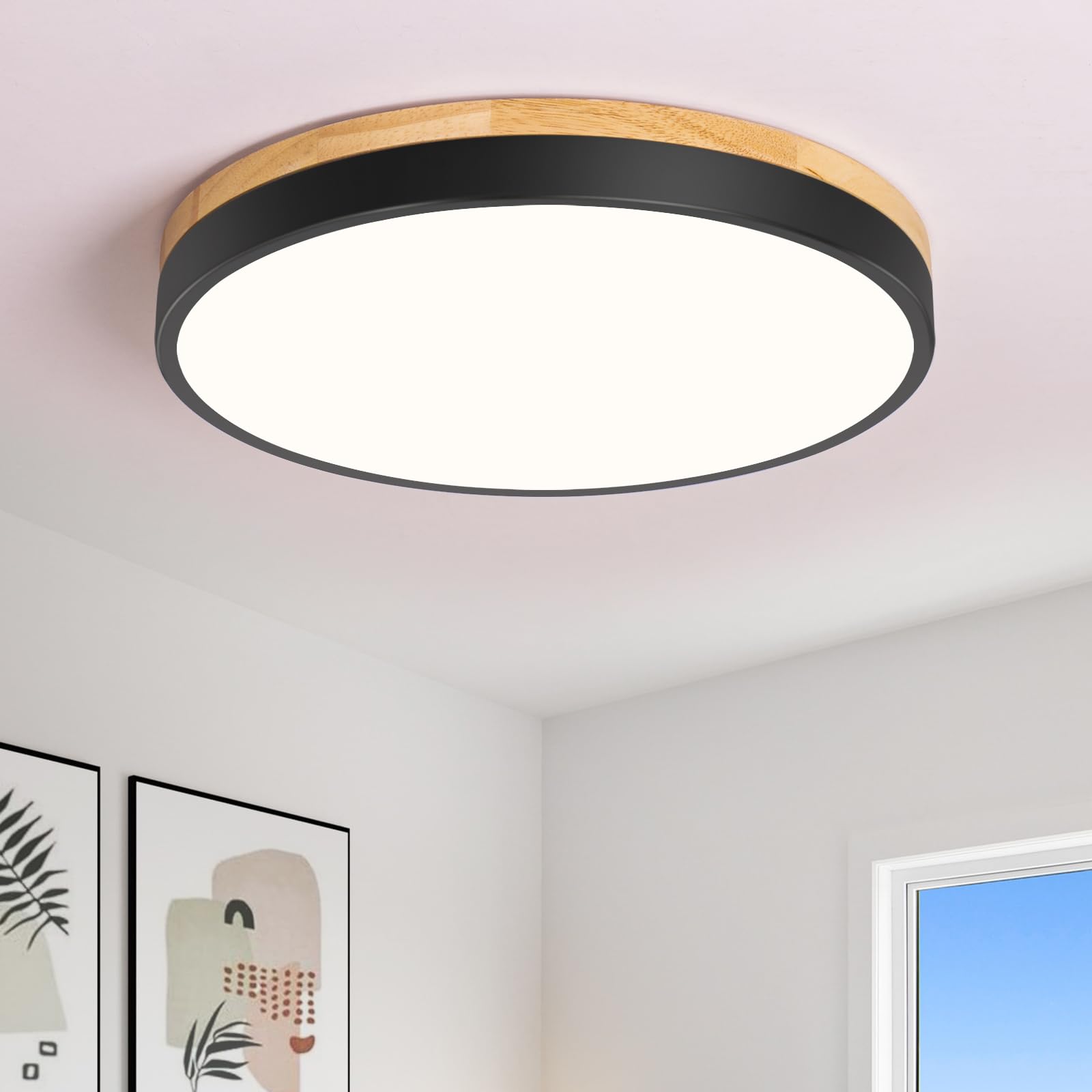 Peblto Black LED Modern Ceiling Light - White Flush Mount Wood Style Round Lighting Fixture (11.81 Inch) for Bedroom, Kitchen, Hallway & Laundry Room | Energy-Efficient Dimmable Ambient Lighting for Home & Office Spaces