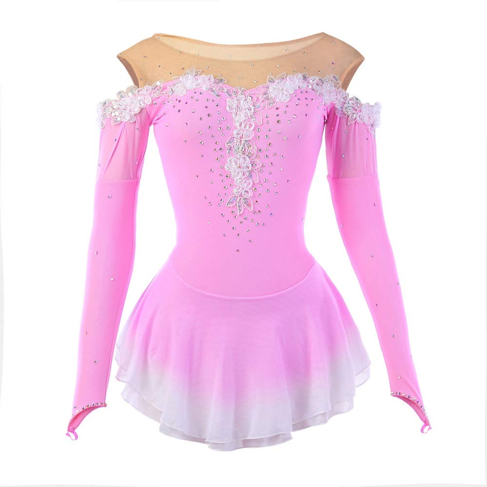 **Elegant Pink Figure Skating Dress for Women & Girls - High Elasticity, Breathable Competition Skating Wear - Handmade Long Sleeve Ice Skating Outfit (Color: Pink, Size: Child 10) - Perfect for Performances, Competitions & Ice Shows**