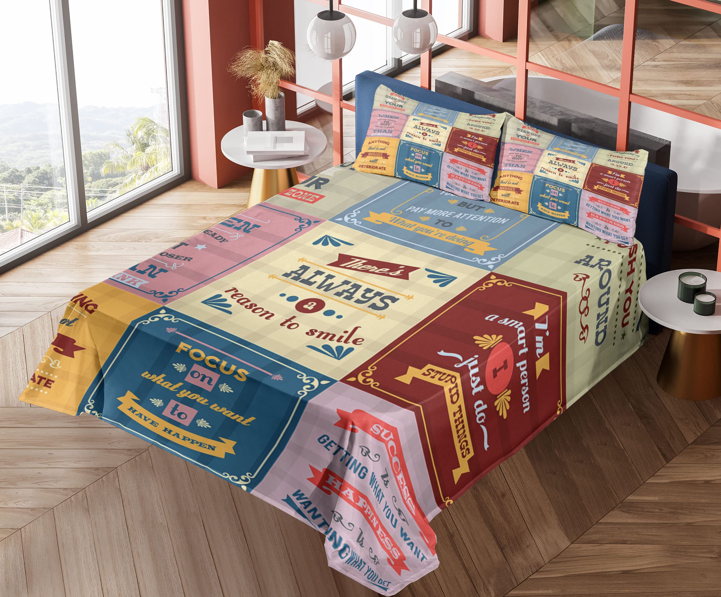 Ambesonne Motivational Words Sheet Set - 'Success with Positive Attitude' Themed 4-Piece Bedding Set (King Size) in Yellow & Pink | Perfect for Home Decor, Guest Rooms & Positive Vibes Bedroom
