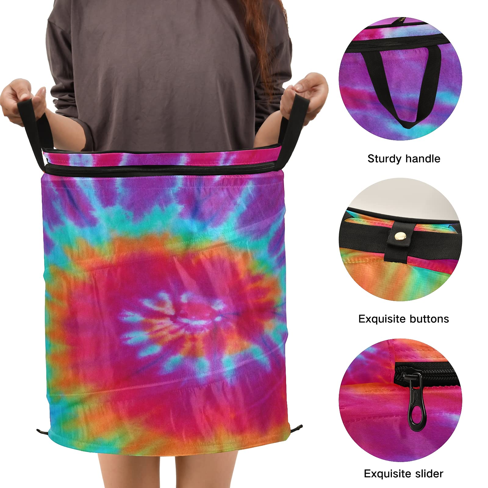 Pop Up Laundry Hamper - Ethnic Swirl Tie Dye Round Collapsible Clothes Basket with Zipper Lid | Portable Storage Bin for Toys, Clothes & Organizing | Perfect for Dorms, Travel & Home Use
