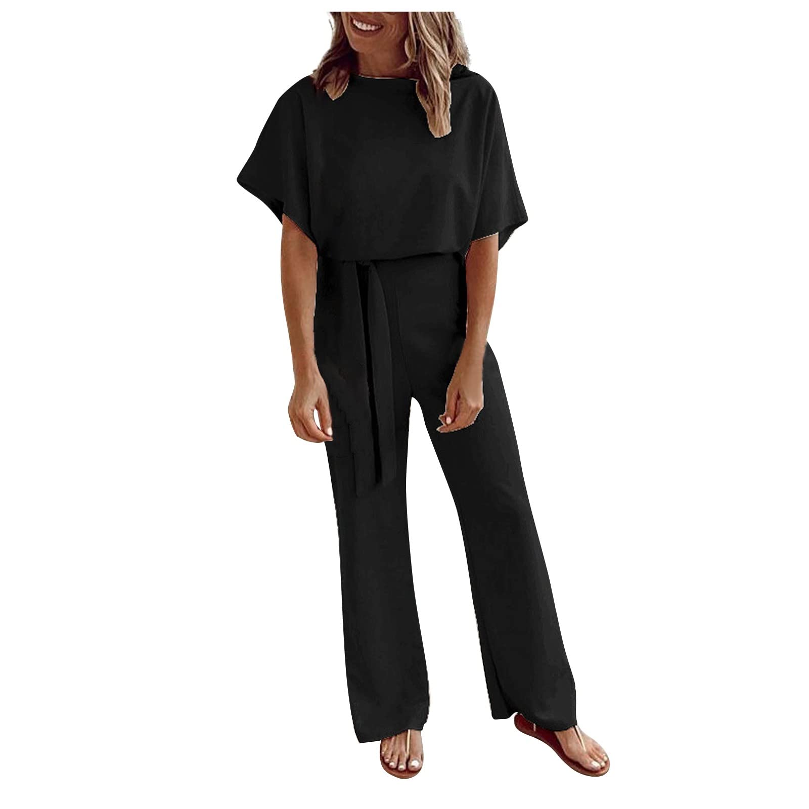 Messigaot Women's Wide Leg Jumpsuit with Batwing Sleeves & Belt - Casual Loose Romper Overalls for Everyday Wear | Perfect for Work, Travel & Street Style Fashion
