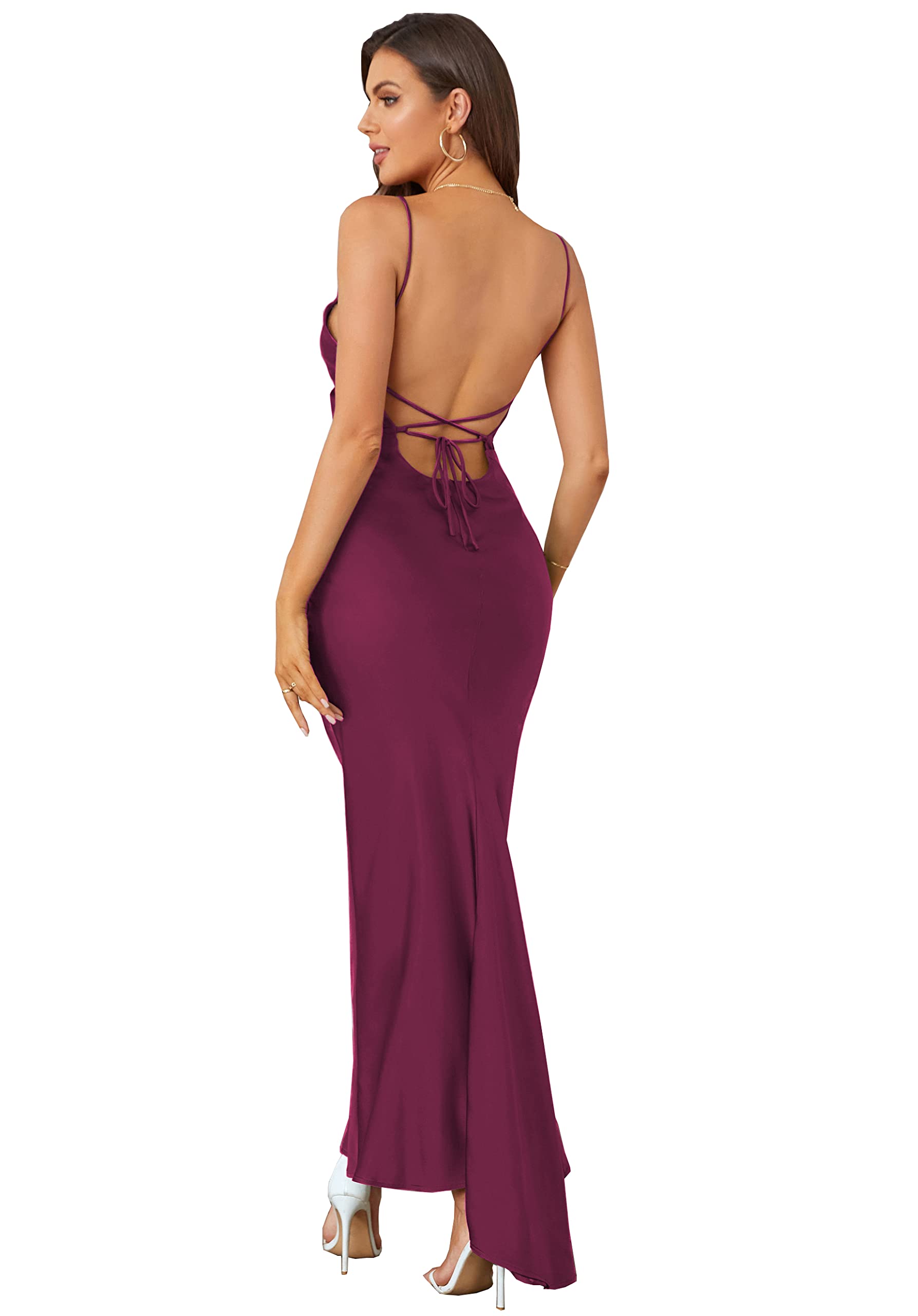 Aigeman Women's Formal Satin Drape Neck Backless Mermaid Evening Gown - Elegant Wedding Party Maxi Dress for Bridesmaid, Prom & Special Occasions