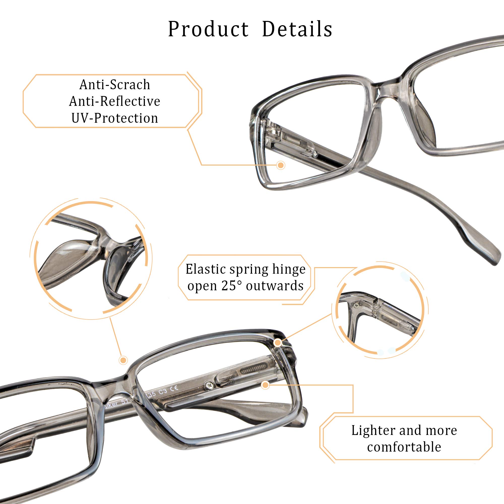 VisionGlobal 4 Pairs Blue Light Blocking Reading Glasses - Anti Eye Strain Computer Glasses for Women & Men - Fashionable Rectangle Eyewear Frames for Office Work, Screen Time & Digital Device Use