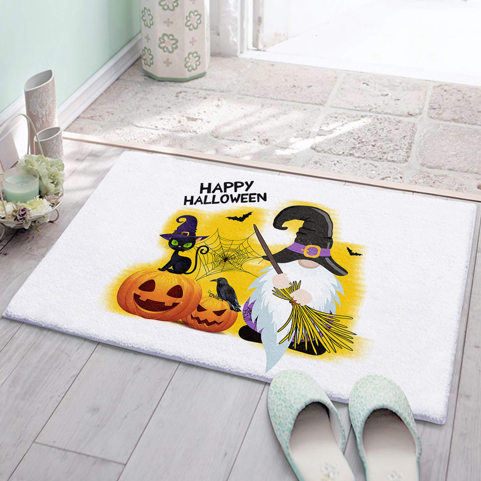 Soft Fluffy Halloween Shag Bath Rugs - Cute Dwarf with Pumpkins & Ghost Plush Non-Slip Doormat for Living Room, Bedroom, Kitchen Entryway - Cartoon Black Cat Design for Cozy Home Decor