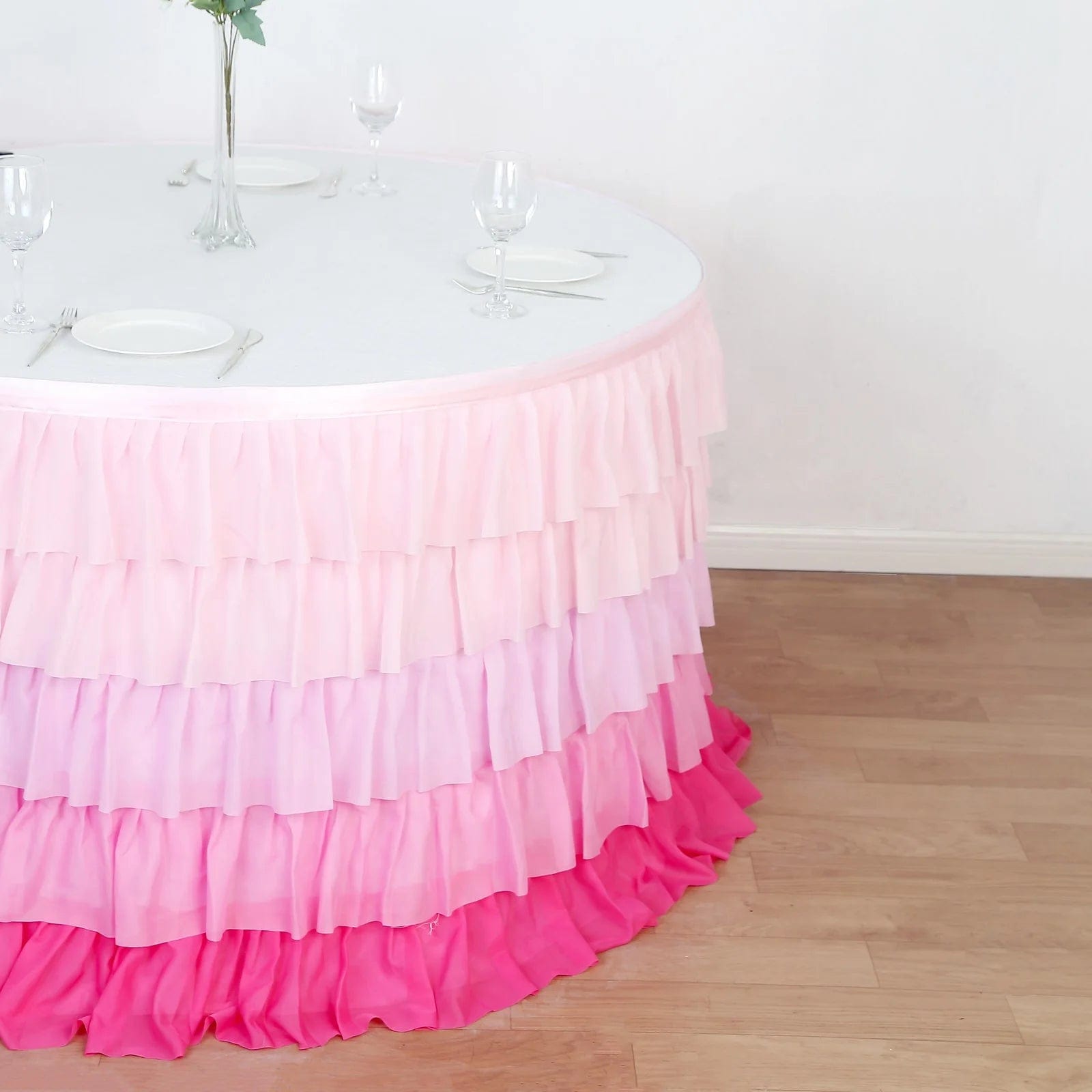 14 ft Chiffon 5 Tier Ruffled Tutu Table Skirt with Satin Backing - Elegant Party Decor for Weddings, Baby Showers & Banquets