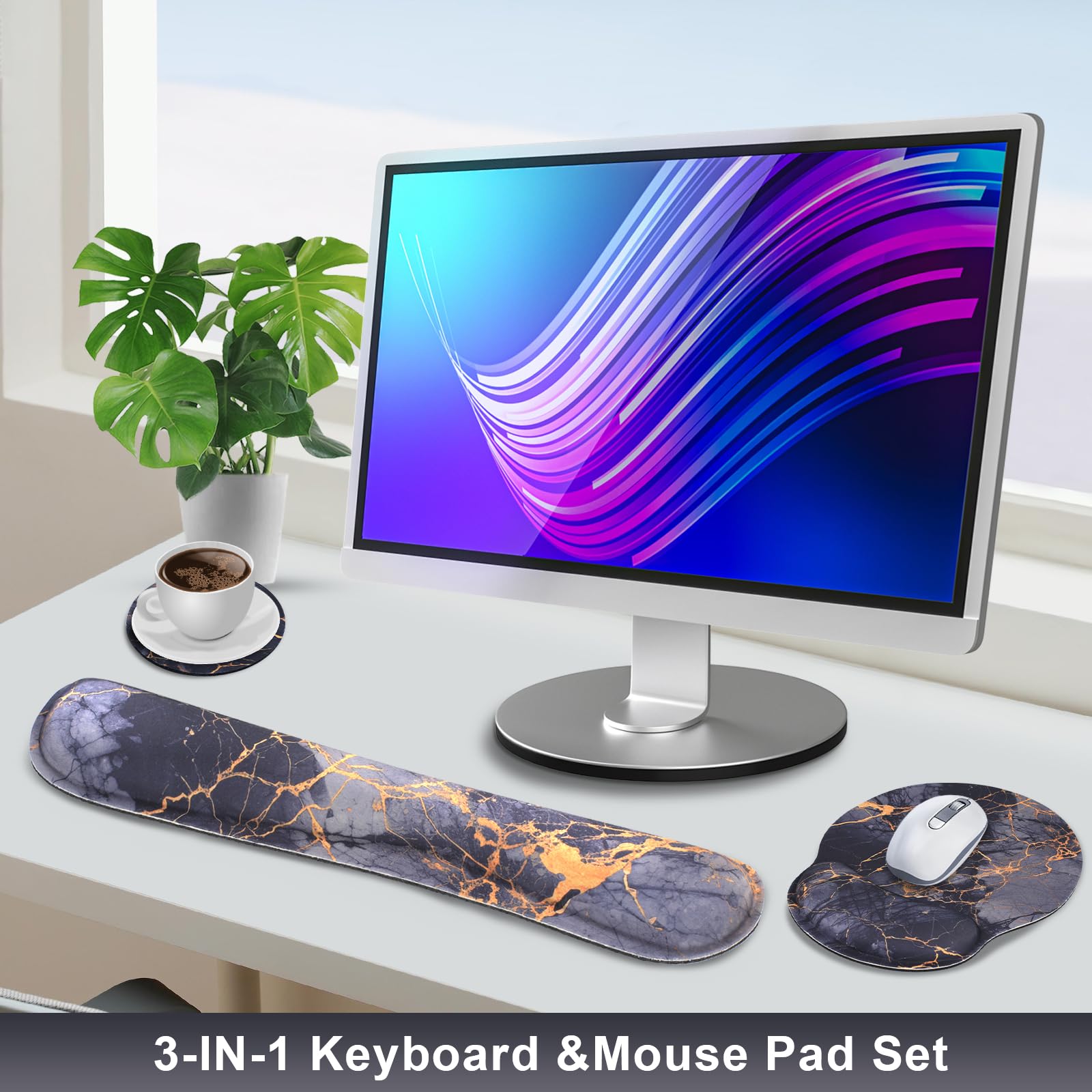 Ergonomic Mouse Pad and Keyboard Wrist Rest Set - Black Grey Orange Marble Design, Memory Foam Support for Wrist Pain Relief | Perfect for Office Work, Gaming & Long Computer Use