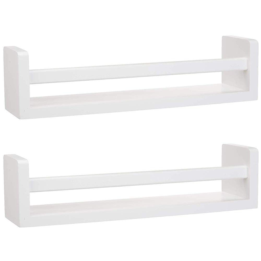 MengK Set of 2 White Wood Floating Wall Shelves - Nursery Room Decor, Bookshelf & Toy Organizer - Perfect for Kids' Bedroom, Playroom, and Classroom Storage Solutions