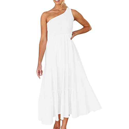 Boho Sleeveless Smocked Flowy A-Line Midi Dress for Women - Summer Casual Beach Dress in White (XL) - Perfect for Vacations, Picnics & Outdoor Parties