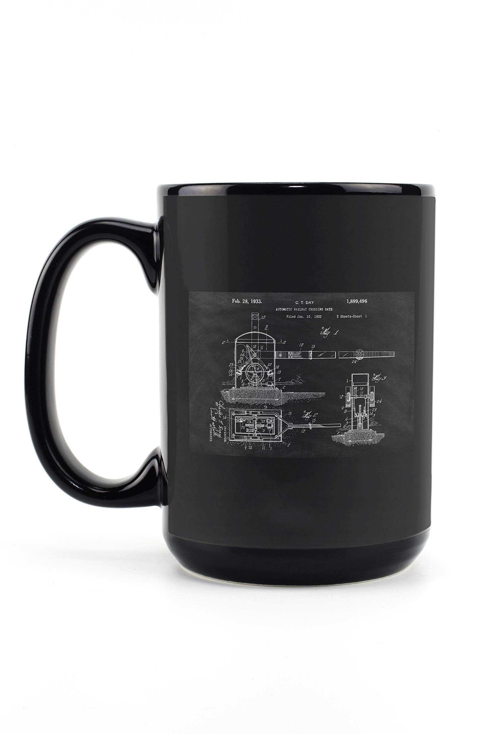 Lantern Press Blackboard Patent Railroad Crossing 15oz Black Ceramic Coffee Mug - Microwave & Dishwasher Safe - Perfect for Home, Office & Gifts