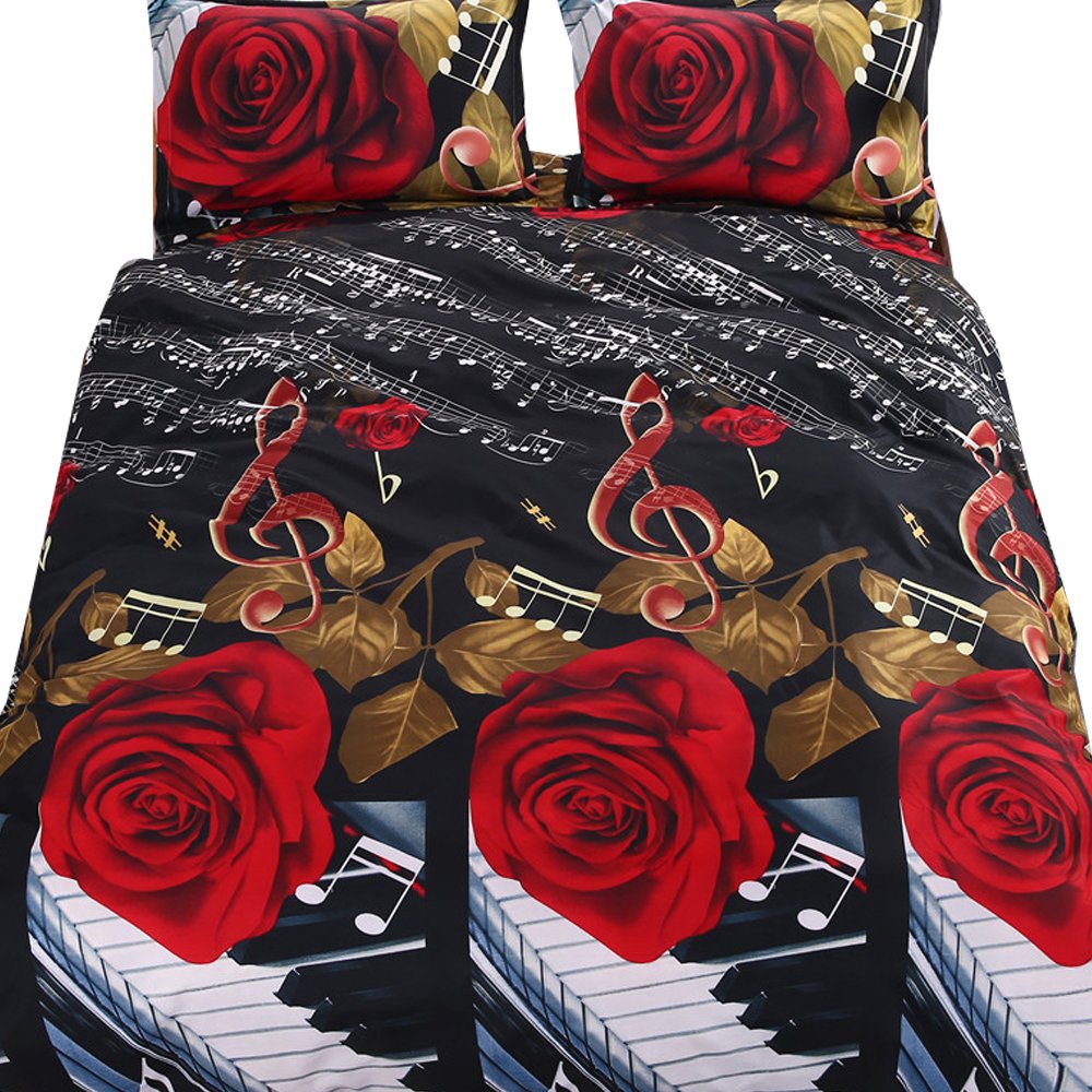 EsyDream Home Bedding 3D Rose Music Note Duvet Cover Set - King/Queen/Twin Size 100% Polyester Bedding (Comforter Not Included) - Black & Red Rose Design for Modern Bedroom Decor, Gift for Musicians & Music Lovers