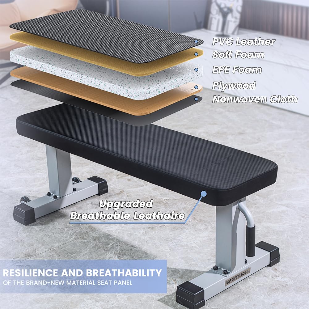 Heavy Duty Flat Weight Bench for Home Gym - 1000LBS Capacity, Upgraded Breathable Leathaire Material - Perfect for Weight Training, Strength Exercises & Bodybuilding Workouts (Grey) | Ideal for Home Fitness, Garage Gym & Personal Training Sessions