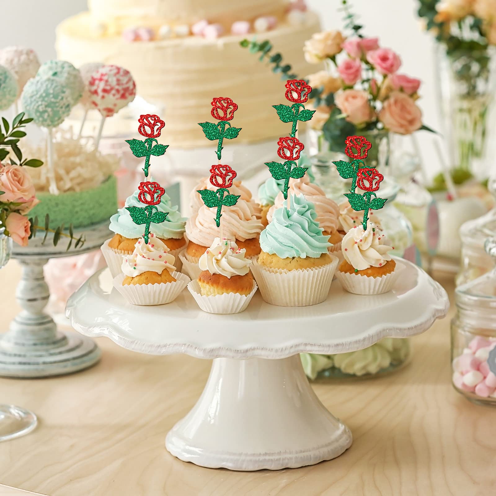 24-Piece Glitter Rose Flower Cupcake Toppers - Gender Reveal, Baby Shower, Wedding & Party Decorations (Red & Green) | Floral Cake Picks for Birthday, Bridal Shower & Tea Party Themes | Perfect for DIY Desserts & Celebration Decor