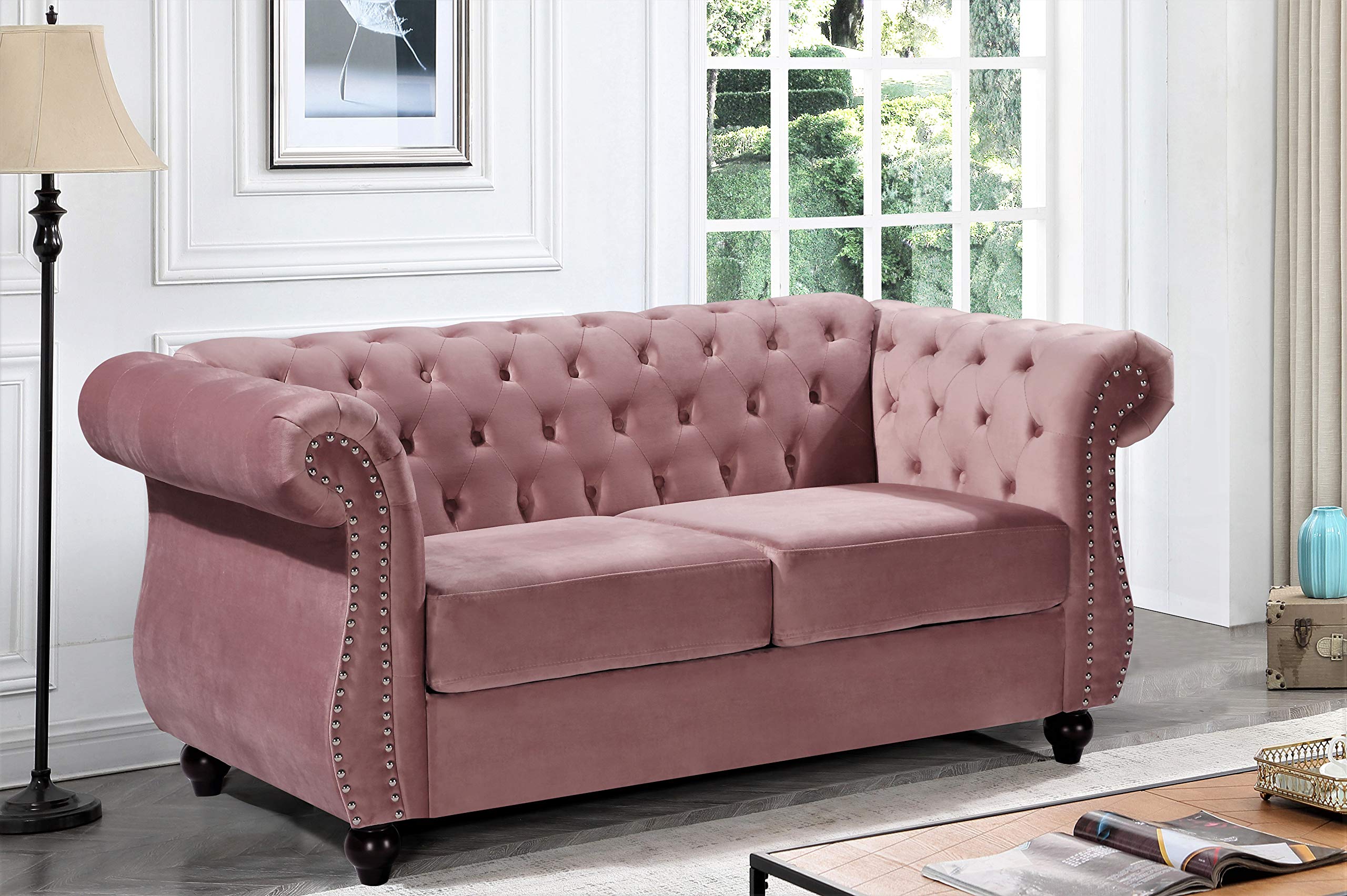 Modern Velvet Chesterfield Sofa with Nailhead Trim & Diamond Tufting - Durable Metal Frame Loveseat for Living Room - Elegant Rose Velvet Upholstery | Perfect for Home Theater, Lounge & Formal Sitting Areas