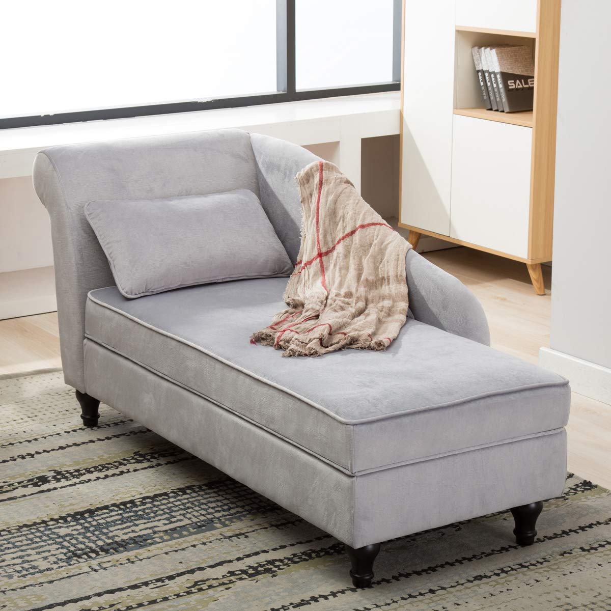 Yongqiang Storage Chaise Lounge Chair - Gray Velvet Upholstered Recliner Sofa with Left Armrest for Living Room & Bedroom | Comfortable Seating for Relaxing, Reading & Napping