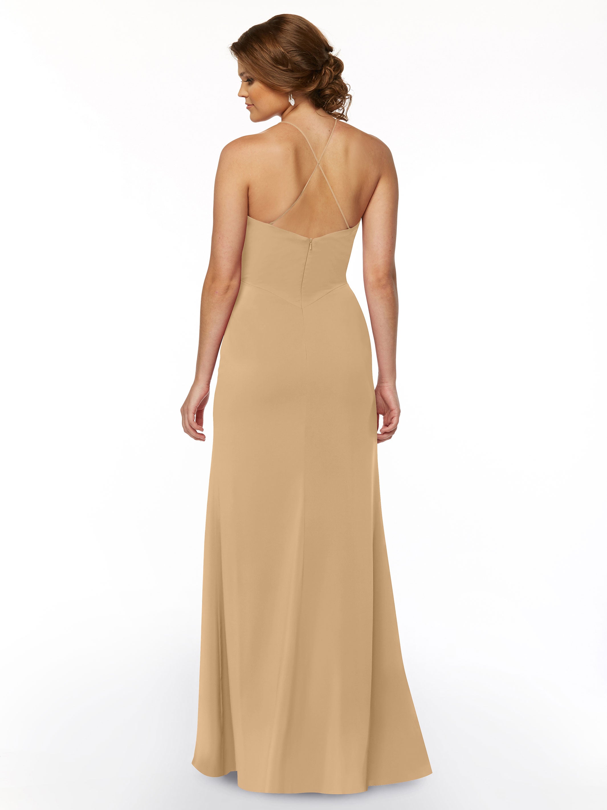 Elegant 83026 Sheath Stretch Chiffon Bridesmaid Dress with Halter Neckline & High Slit - Perfect for Weddings, Formal Events & Evening Parties