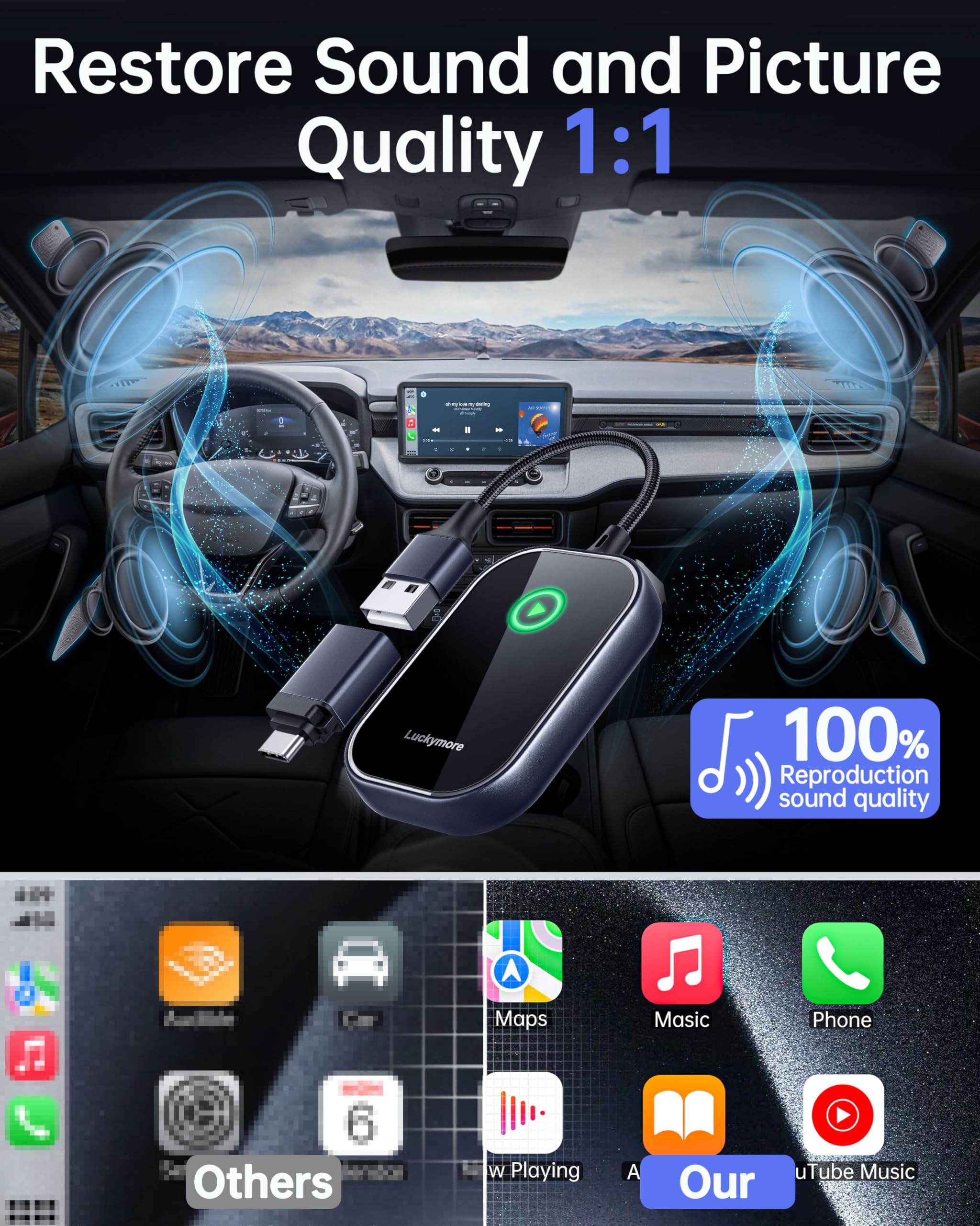 Luckymore Wireless CarPlay Adapter - Convert Wired to Wireless CarPlay Dongle for iPhone iOS 10+, Plug & Play for Cars 2017+ Models - Enjoy Hands-Free Navigation, Music & Calls While Driving