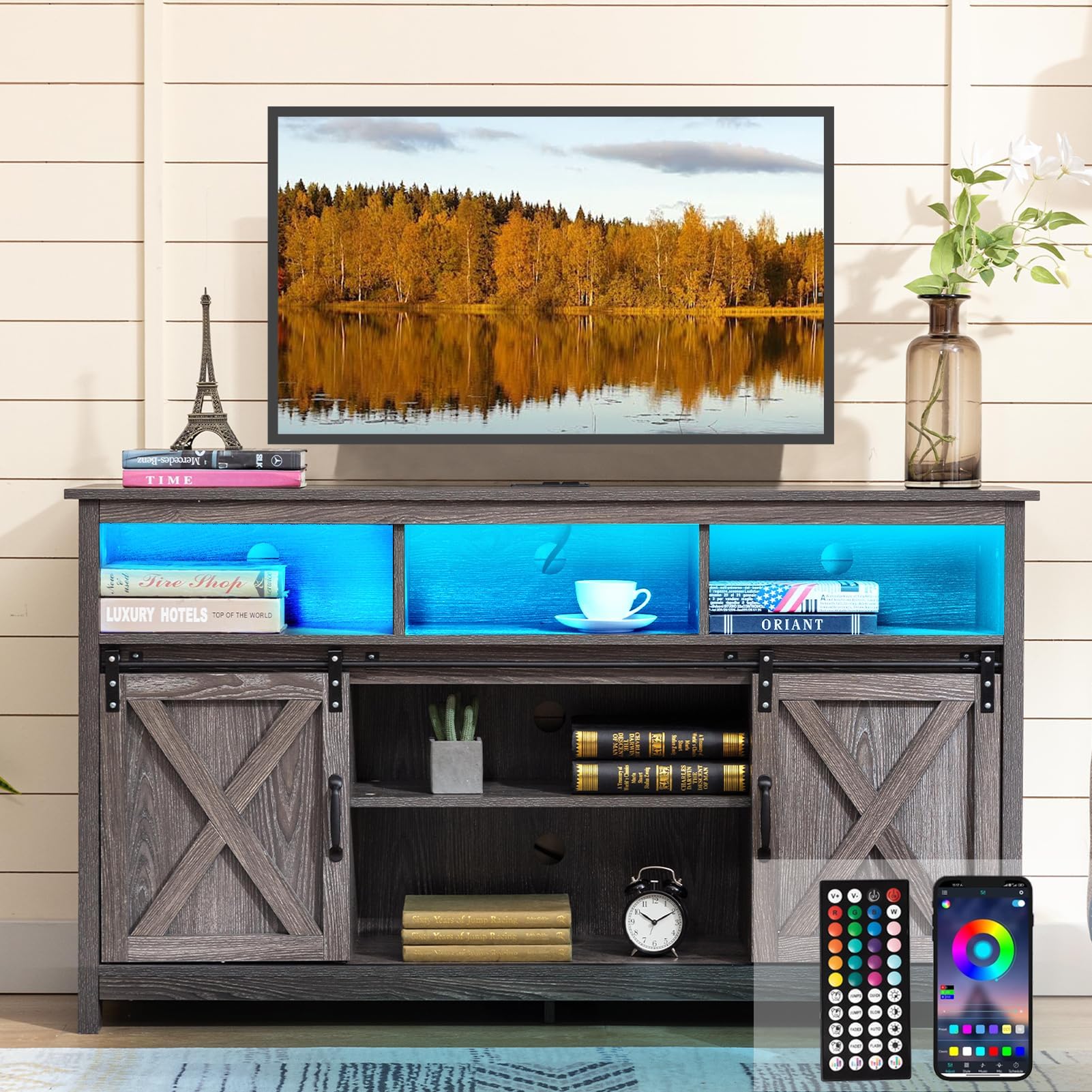 Vinctik 57-Inch Farmhouse TV Stand with Sliding Barn Doors - Wooden Entertainment Center for 60-65 Inch TVs, Double Layer Storage Cabinet with Built-in Power Outlets (Grey Wash) - Perfect for Living Room, Bedroom & Home Theater Setup