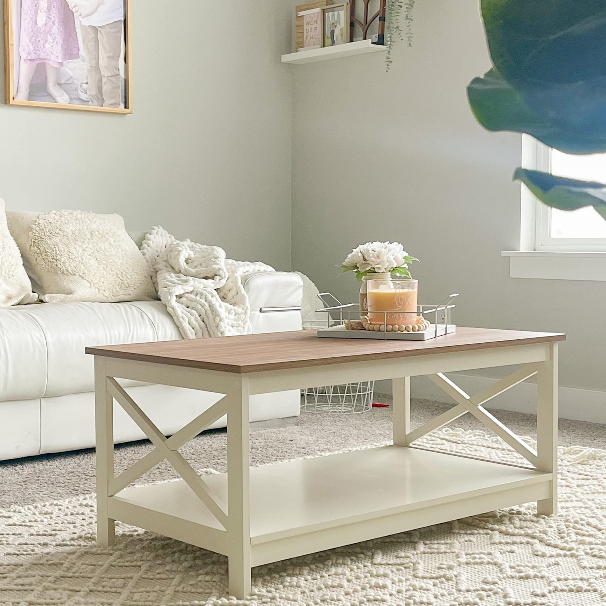 Modern Coffee Table with Storage - 2-Tier Farmhouse Style Living Room Table, PHI VILLA Rustic Wooden Coffee Table for Small Spaces | Perfect for Home Decor, Family Gatherings & Coffee Time