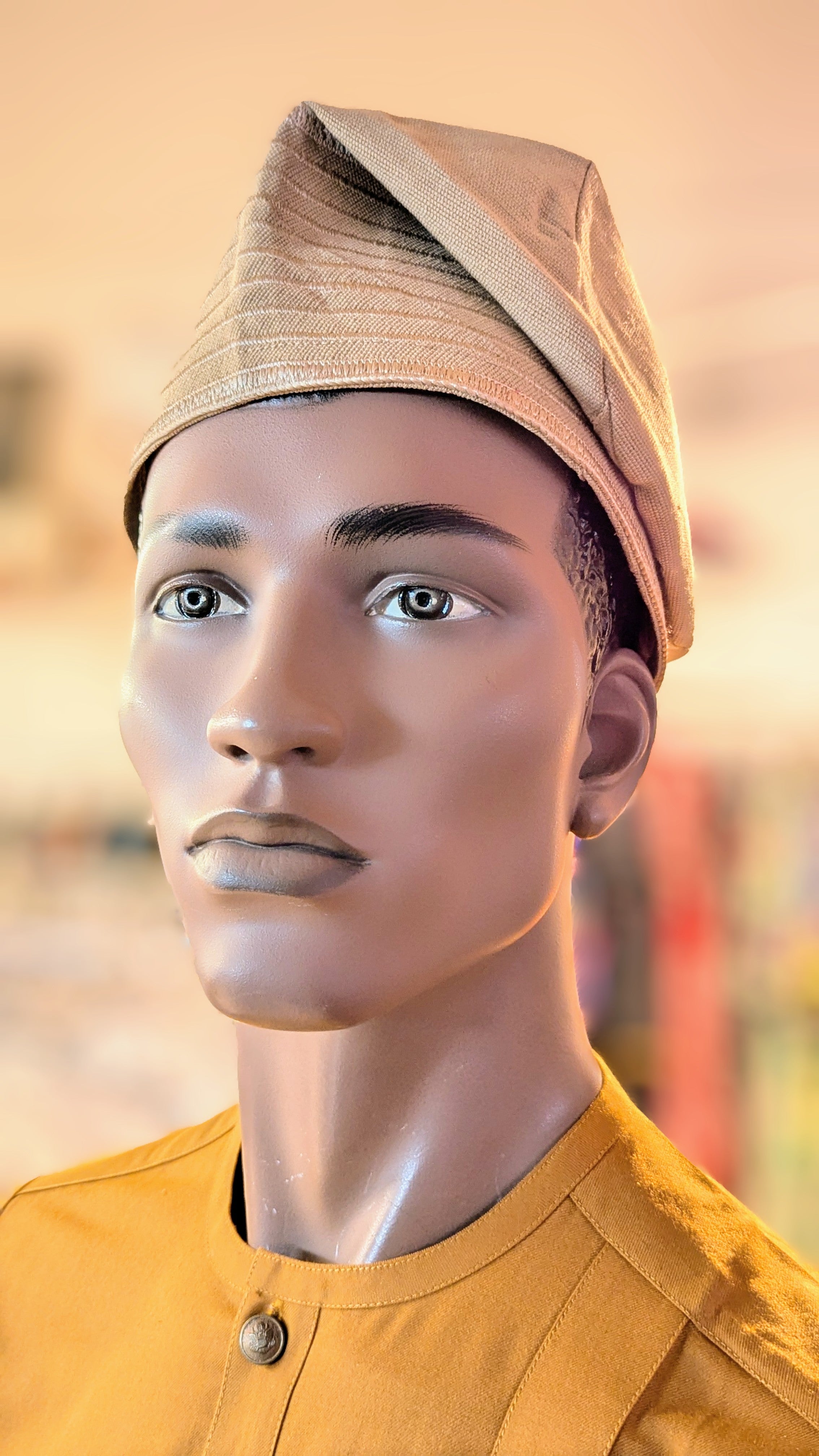 Authentic African Kufi Hat - Dupsie's Olabami Tan Aso Oke Cap | Traditional Nigerian Headwear for Men | Perfect for Weddings, Cultural Events & Everyday Wear (DPHALAH32)