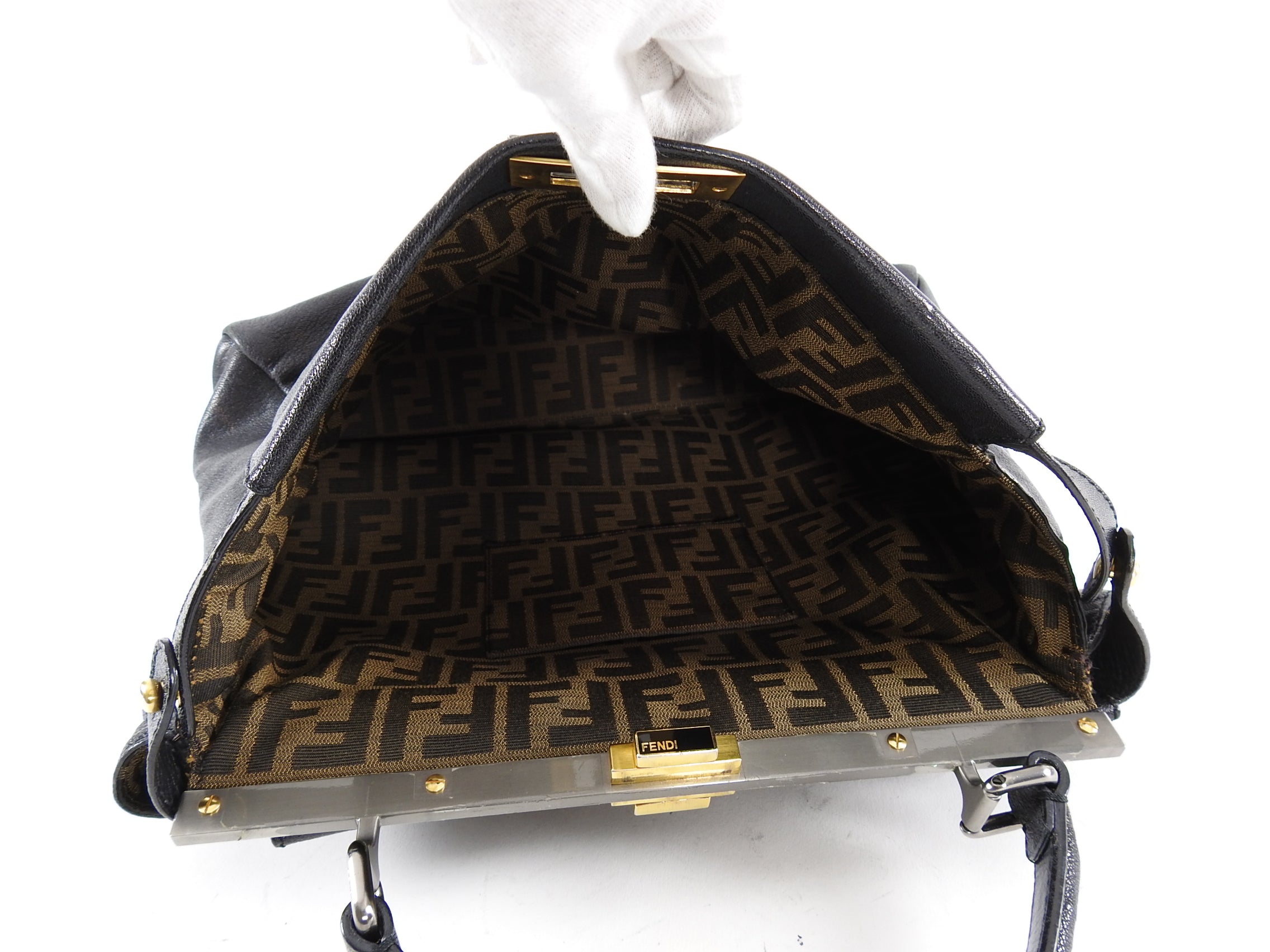 Fendi Peekaboo Large Handbag in Black with Zucca Monogram Lining - Luxury Designer Tote for Women, Work, Travel & Special Occasions