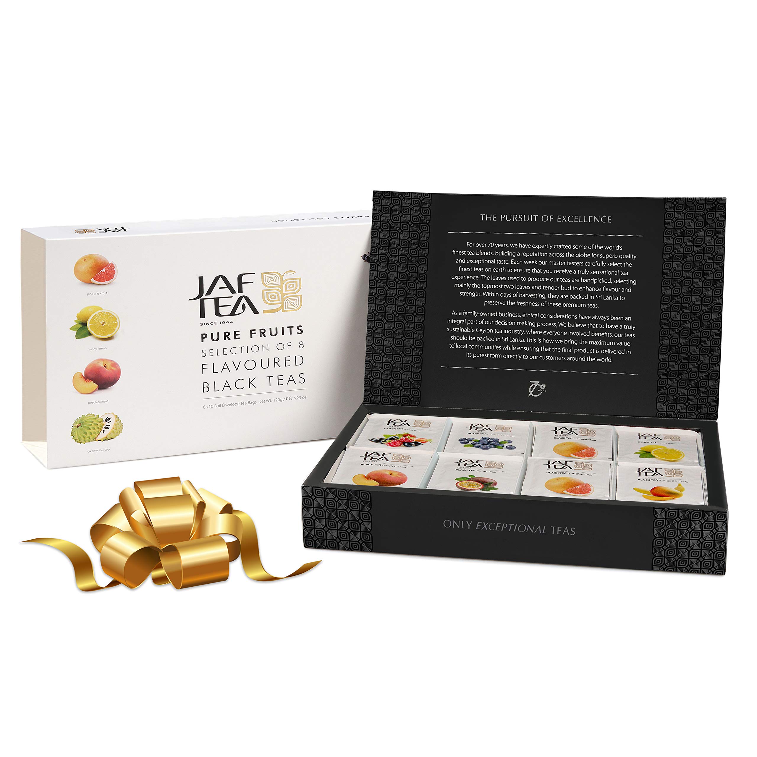Jaf Tea - Premium Tea Sampler Gift Set Box with 80 Tea Bags (8 Flavors) - Fruit Black Tea Variety Pack Includes Lemon, Peach & Passion Fruit - Perfect for Gifts, Office & Relaxation