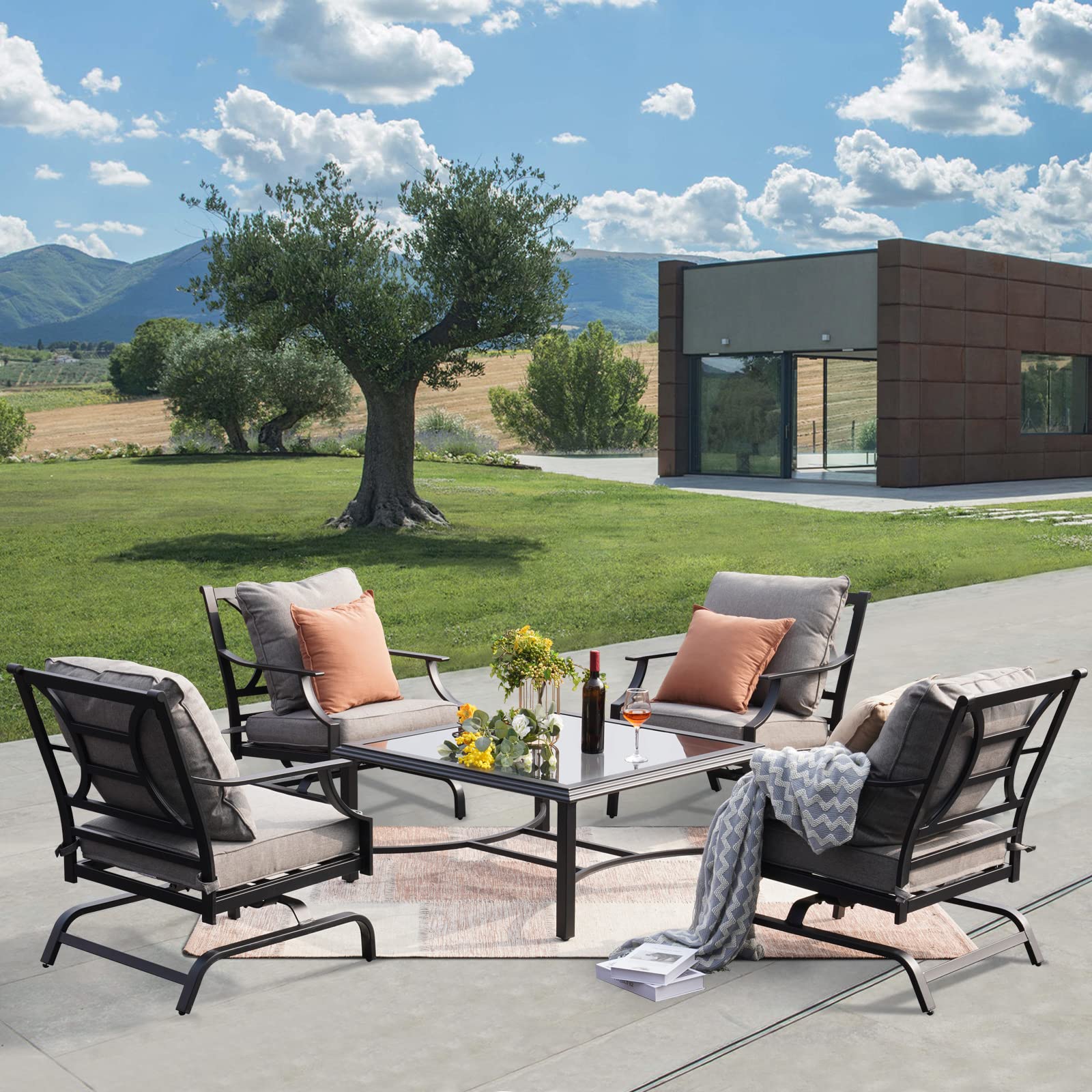 5-Piece Outdoor Patio Furniture Set with Motion Rocking Chairs & Coffee Table - Olefin Gray Cushions - Perfect for Porch, Backyard, Garden or Poolside Relaxation