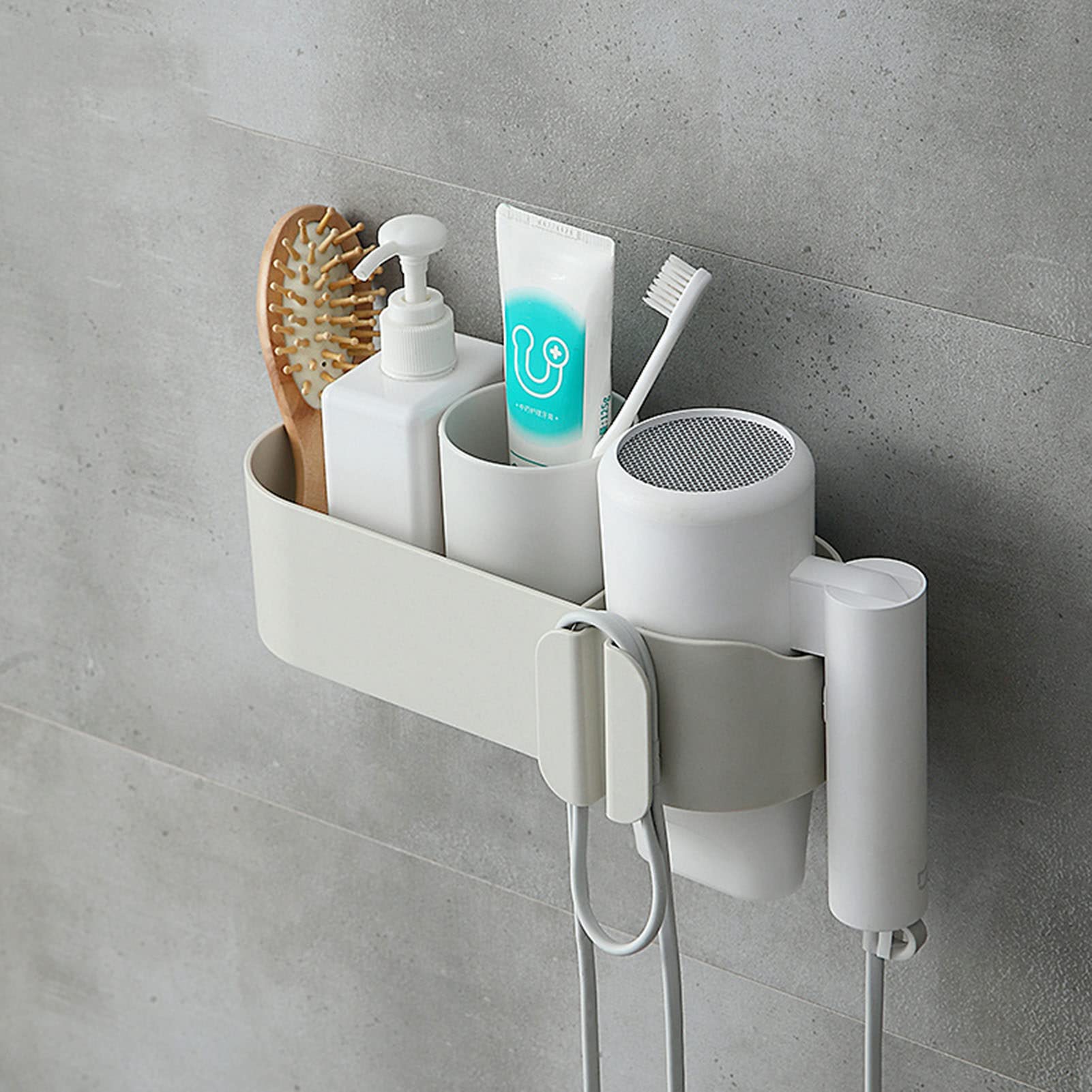 Multifunctional No-Drill Bathroom Hair Dryer Holder & Organizer - Grey Bath Shelf for Hair Styling Tools, Accessories, and Bath Essentials | Perfect for Small Spaces & Clutter-Free Showers