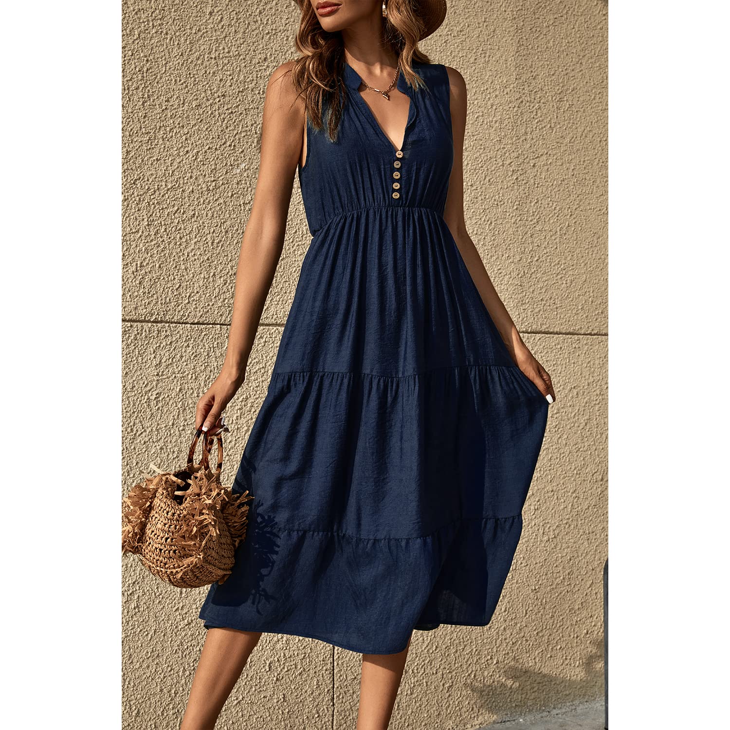 BROVAVE Women's 2025 Summer Sleeveless Striped V-Neck Collar Shirt Dress - Casual Midi Dress for Beach, Office & Everyday Wear