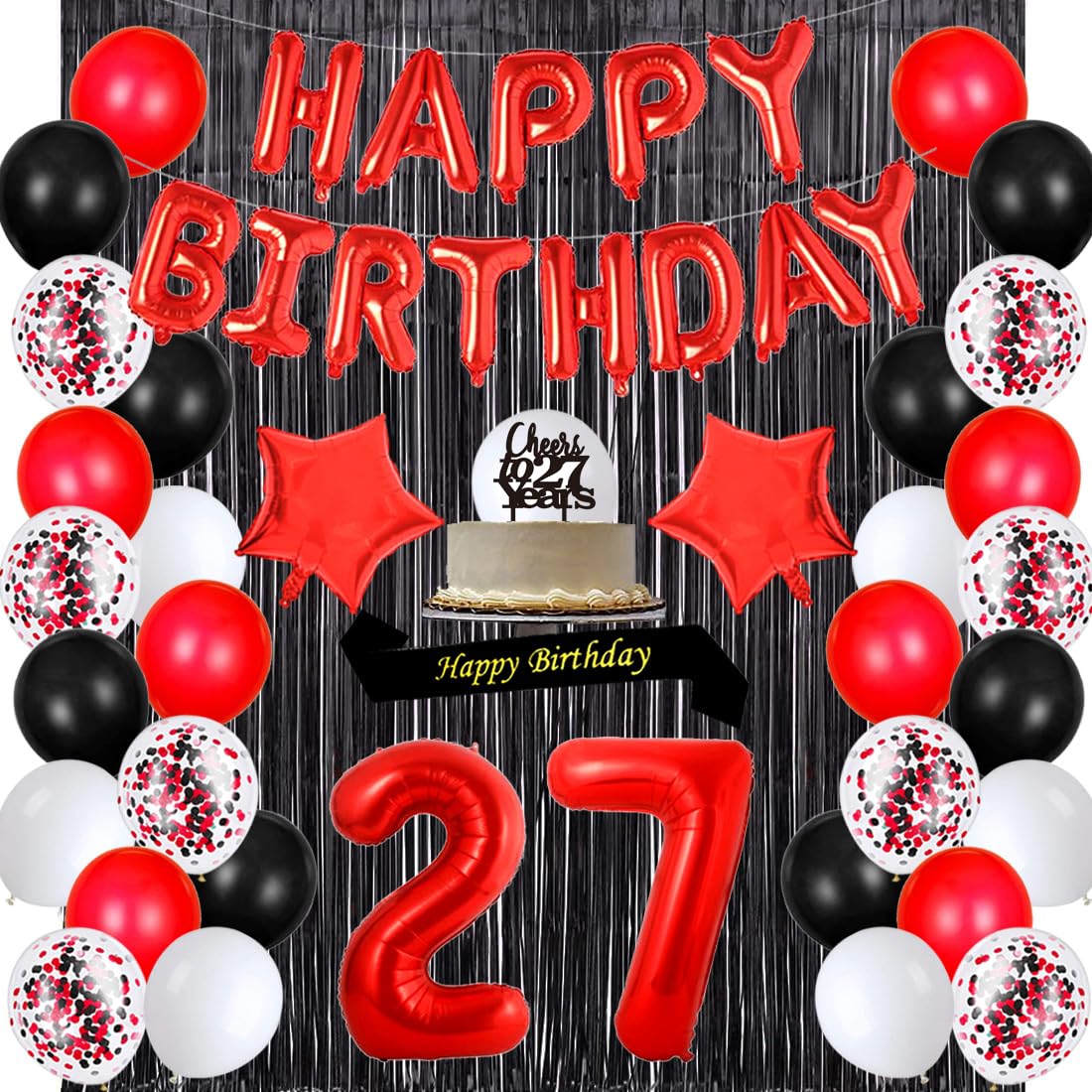 27th Birthday Party Decorations Set - Happy Birthday Banner, Sash, Cake Topper, Confetti & Balloons for Women's 27th Birthday Celebration | Perfect for Adult Birthday Parties, Milestone Celebrations & Girls Night Decor
