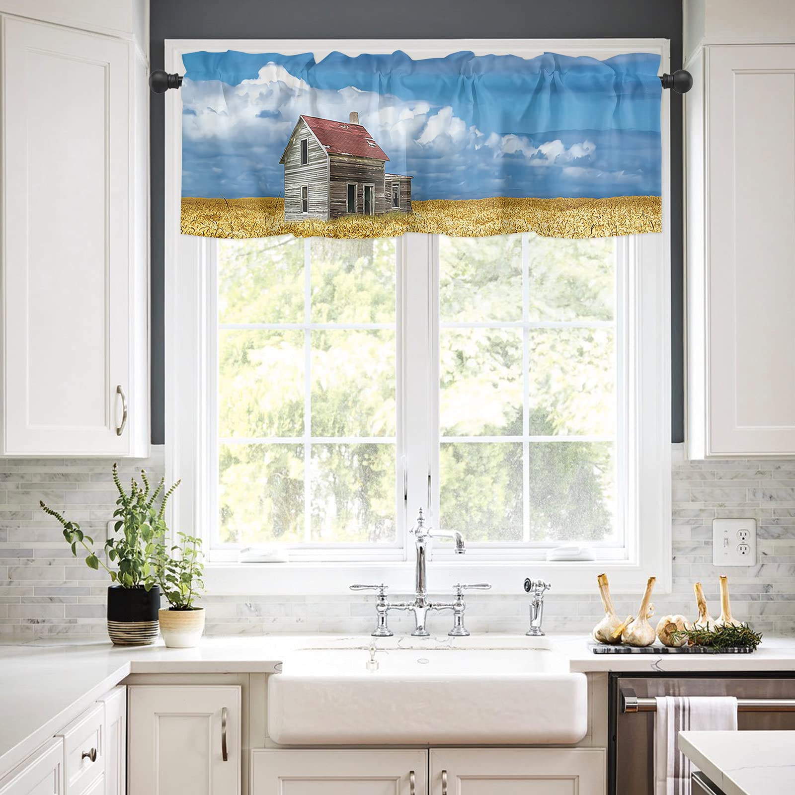 EZON-CH Farmhouse Valance Curtains 54x18 Inch - Rod Pocket Kitchen Window Treatments, Retro Countryside Log Cabin Style for Living Room & Bathroom - Perfect for Rustic Home Decor & Cozy Cabin Aesthetics