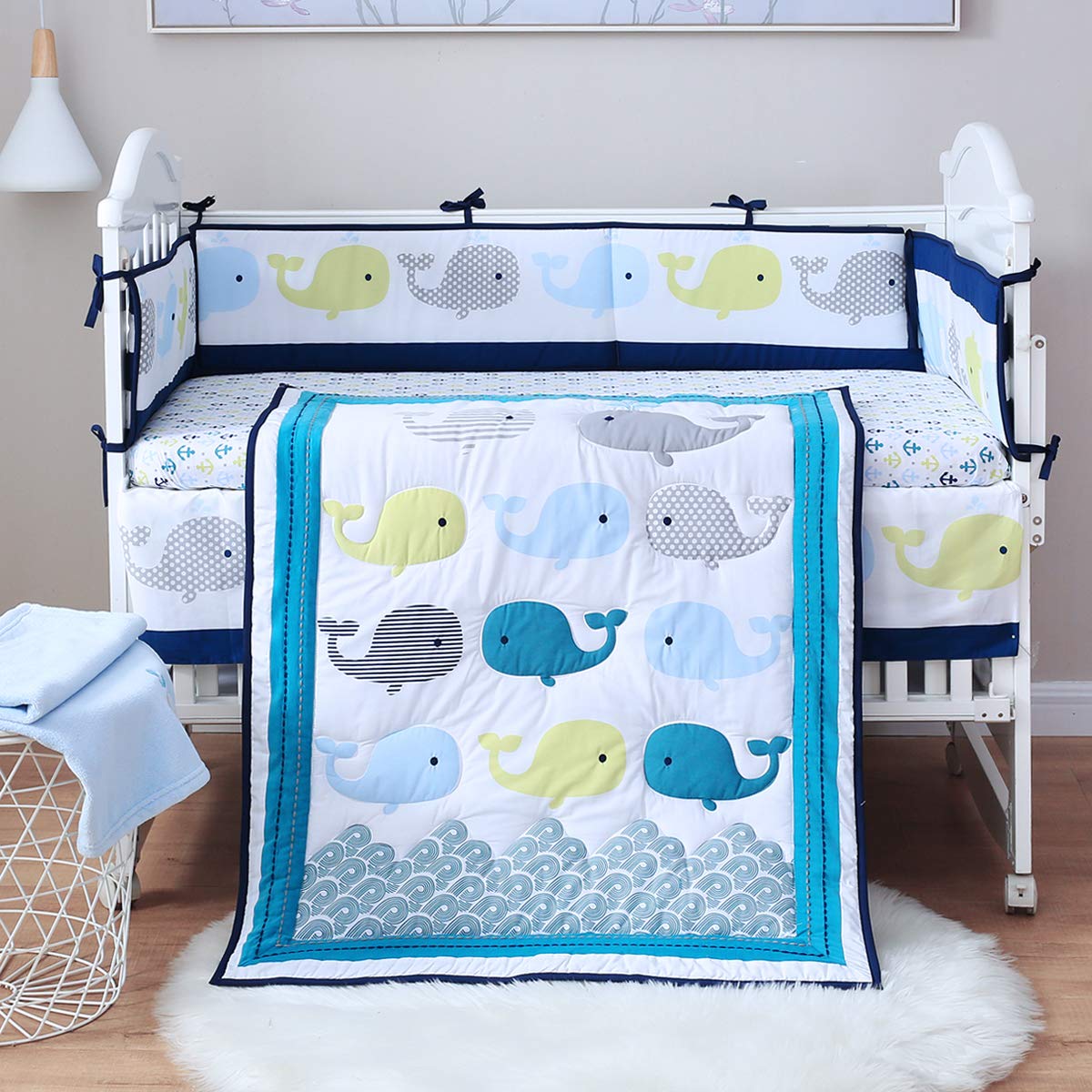 SpringBaby 8-Piece Blue Whale Crib Bedding Set for Boys & Girls - 100% Organic Soft Cotton Baby Bed Sheets, Blanket & Bumper - Standard Crib Size | Nursery Decor for Newborns & Toddlers - Perfect for Baby Showers & Gender-Neutral Nursery Themes