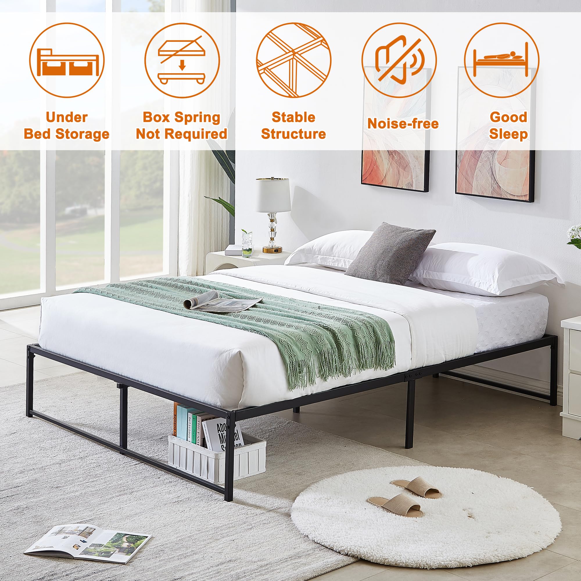 VECELO 14 Inch Queen Size Platform Bed Frame with Steel Slat Support - No Box Spring Needed, Mattress Foundation - Sturdy Black Metal Frame for Bedroom, Guest Room, Dorm