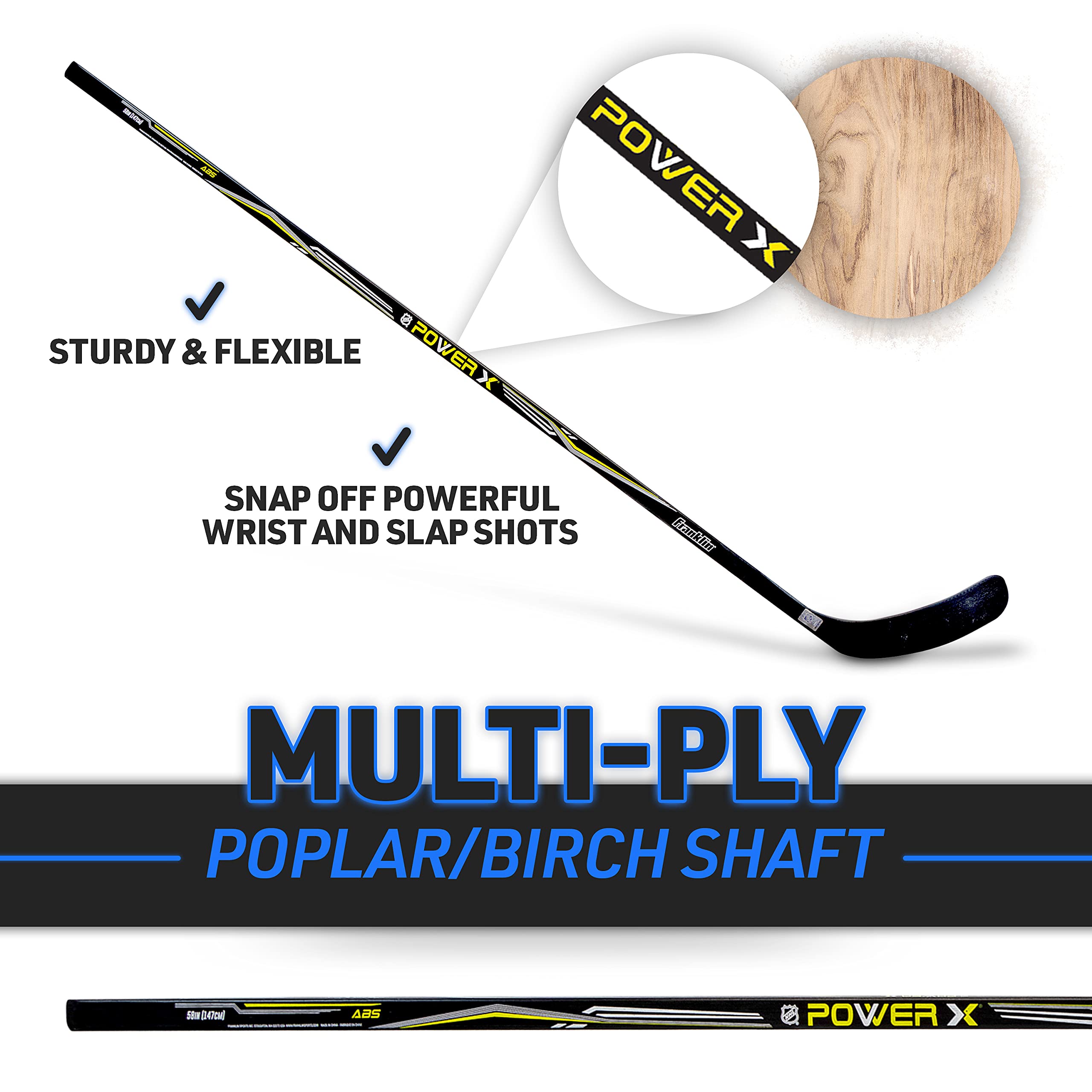 Franklin Sports Power X Junior Street Hockey Sticks - Youth Hockey Sticks for Outdoor Play - Right & Left Handed Kids Hockey Sticks - Wood & Fiberglass Composite Shaft - One-Piece Design - 58