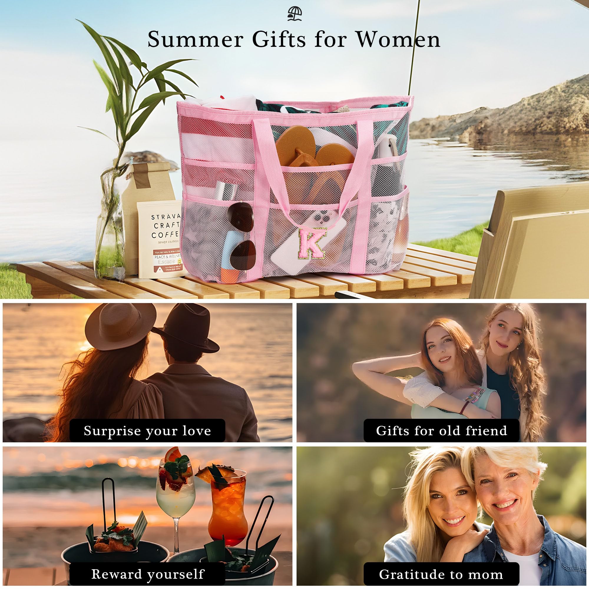 YOOLIFE Personalized Mesh Beach Bag with Initial & Pockets - Large Waterproof Tote for Swimming, Travel, and Vacation - Perfect Gift for Women Birthday, Bridesmaid, and Summer Outings
