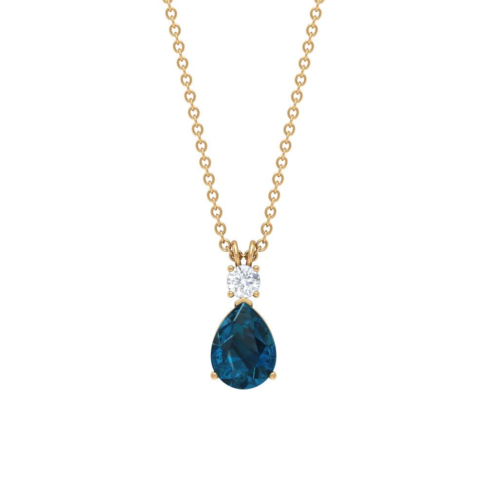 Natural 7x9mm Pear Cut London Blue Topaz & Moissanite Pendant in 14K Solid Gold - Minimalist Teardrop Necklace for Women, Perfect for Weddings, Anniversaries & Special Occasions