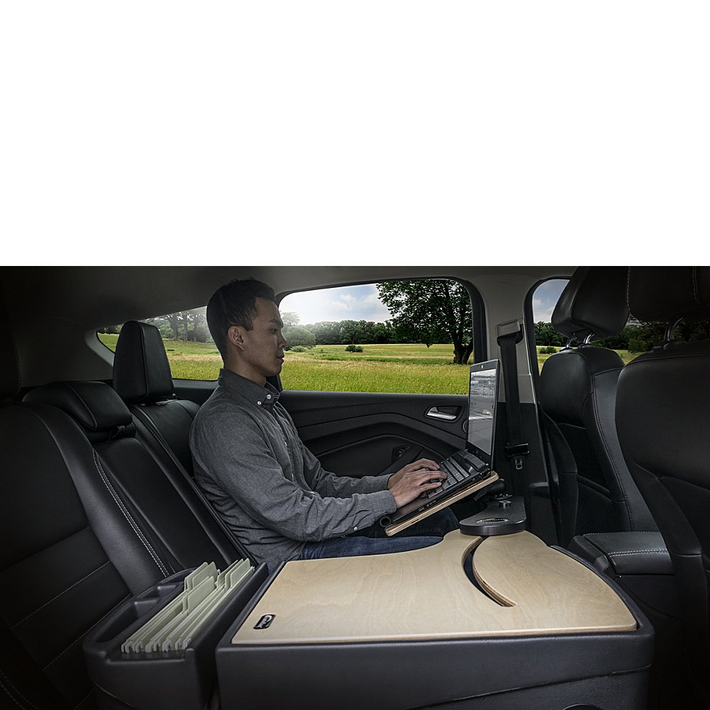 AutoExec AUE18018 Reach Desk Back Seat Car Desk - Birch Finish with Built-in 200W Power Inverter & Tablet Mount - Perfect for Road Trips, Work from Car & Kids Activities