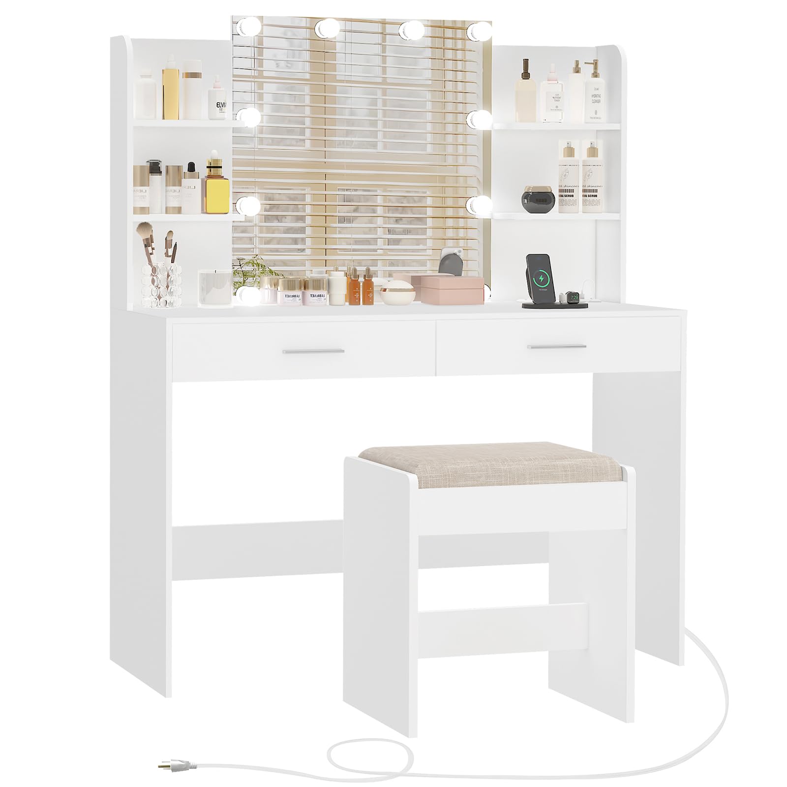 White Vanity Desk with Mirror & LED Lights - 2 Drawers & 6 Storage Shelves, Dressing Table with Power Outlet for Women & Girls - Perfect for Bedroom Makeup & Beauty Routine