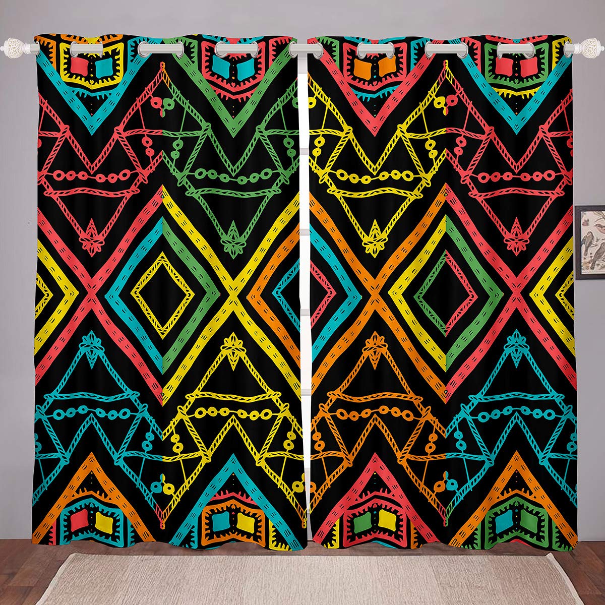 Bohemian Geometric Print Window Curtains - Colorful Irregular Pattern on Black Background, 2 Panel Set (104