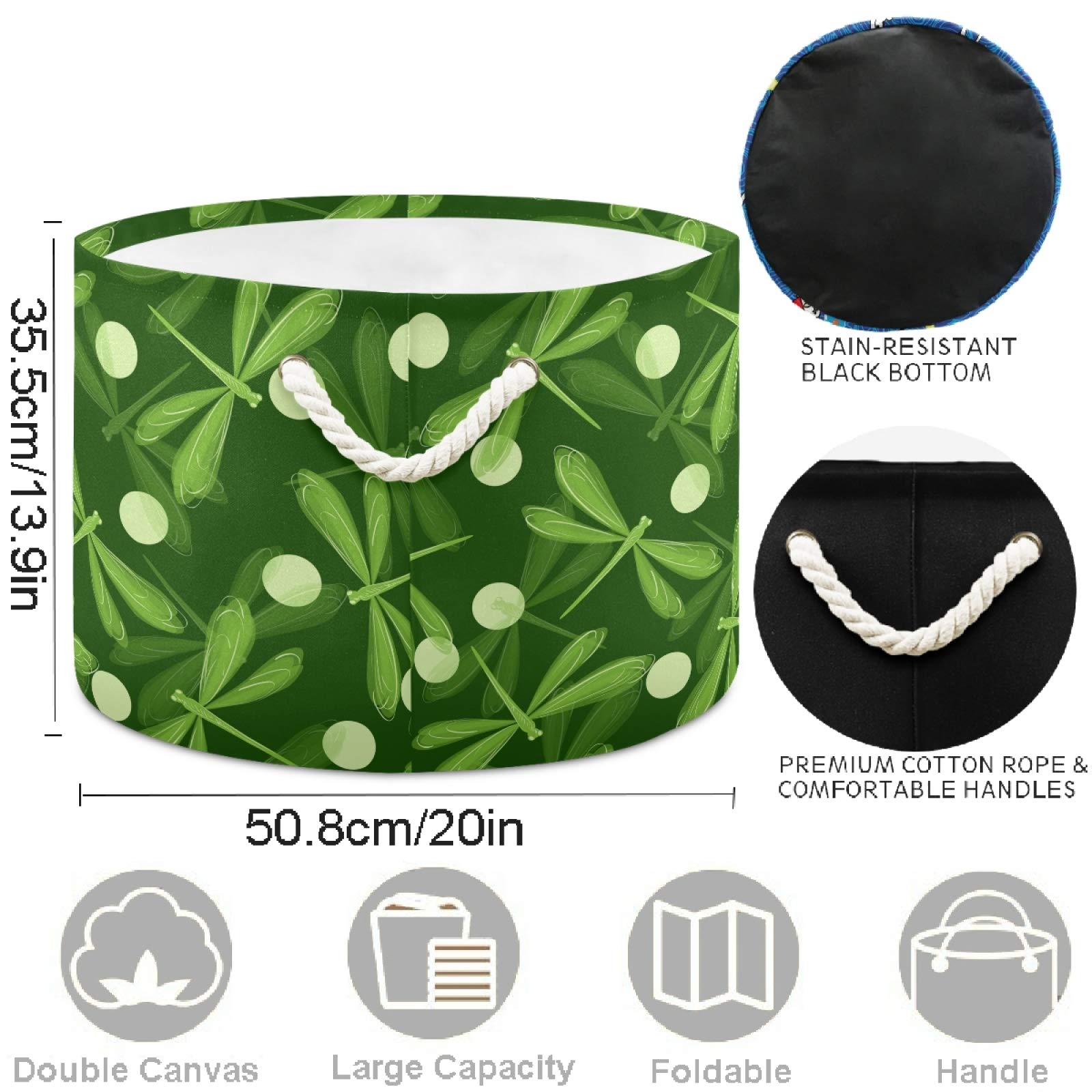 Visesunny Green Dragonfly Canvas Storage Basket - Waterproof Nursery Hamper, Toy Organizer Bin for Kids Room, Playroom, Shelves | Perfect for Laundry, Toys, Books & Gift Storage (12