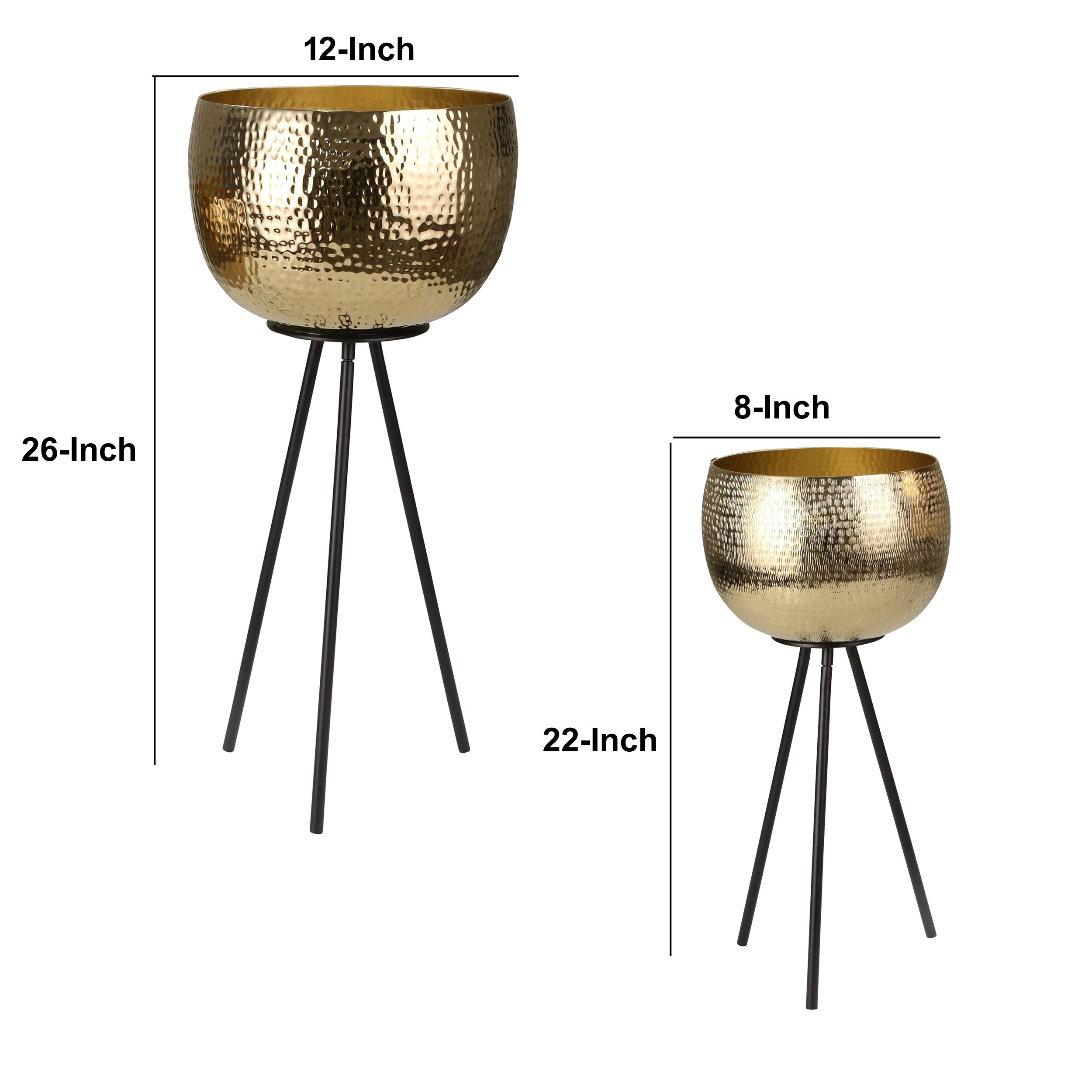 Benjara Hammered Textured Metal Bowl Planters with Tripod Base - Set of 2 (Gold & Black) - Modern Home & Office Decor for Plants, Flowers, or Centerpieces