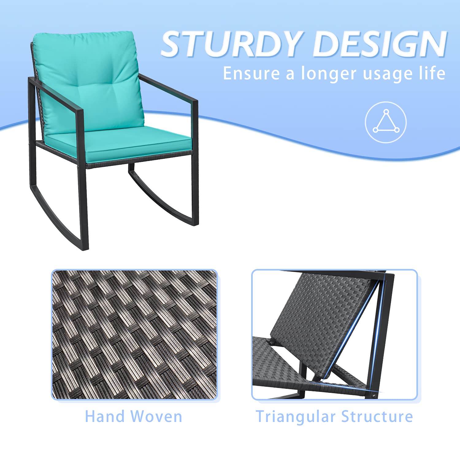 Greesum 3-Piece Wicker Rocking Bistro Set - Outdoor Patio Furniture with Porch Chairs & Glass Coffee Table - Blue - Perfect for Backyard, Garden, Poolside & Balcony Relaxation