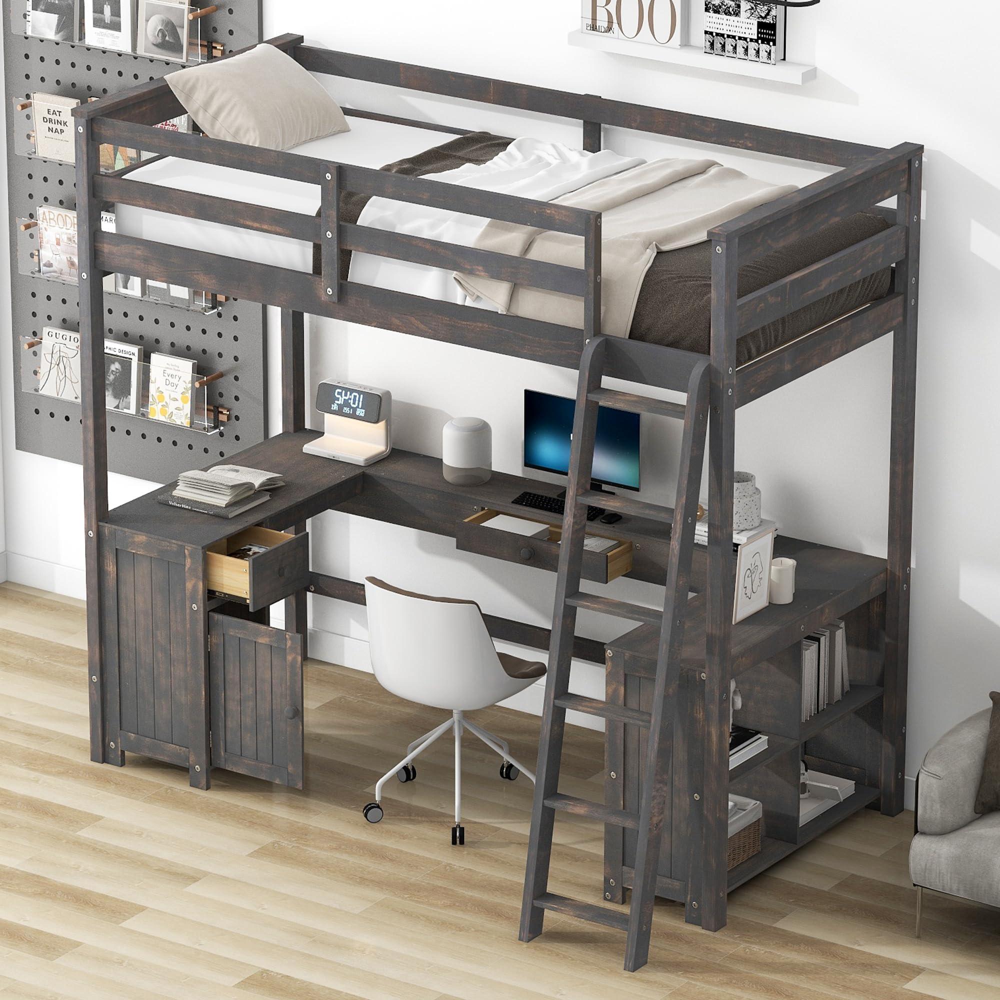 Harper & Bright Designs Twin Size Loft Bed with U-Shaped Desk & Storage - Wooden High Loft Bed Frame with Cabinet, Drawers & Shelves in Antique Brown - Perfect for Small Bedrooms, Kids Rooms & Dorm Rooms