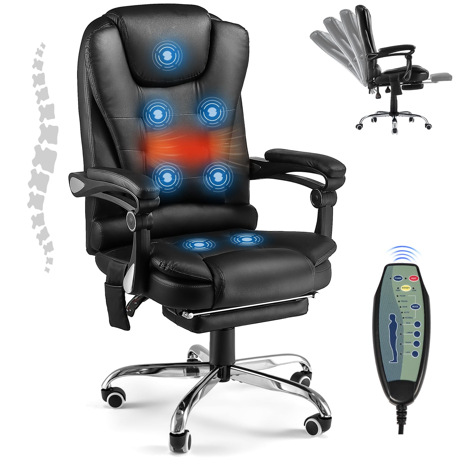 Ergonomic Heated Massage Office Chair with 7-Point Vibration, Adjustable Height & Footrest - Black Leather Computer Desk Chair for Home Office with Lumbar Support - Perfect for Long Work Sessions, Gaming & Relaxation