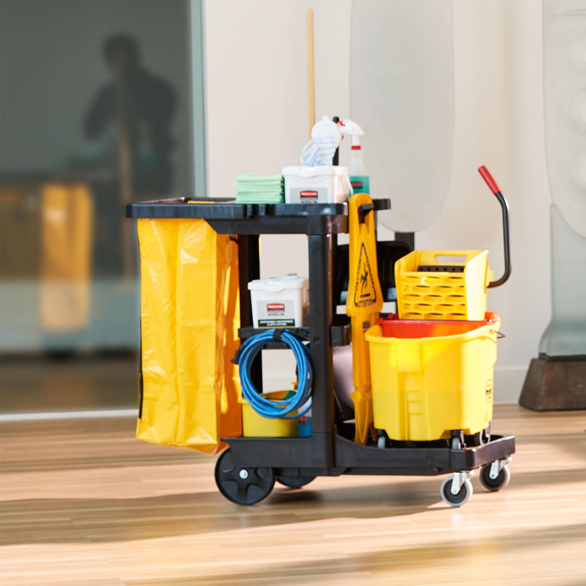 Rubbermaid Commercial 3-Shelf Cleaning Cart with Wheels & Zippered Yellow Vinyl Bag - Heavy Duty Janitorial Cart for Office, School, Business - Ideal for Mopping, Dusting & Organizing Cleaning Supplies
