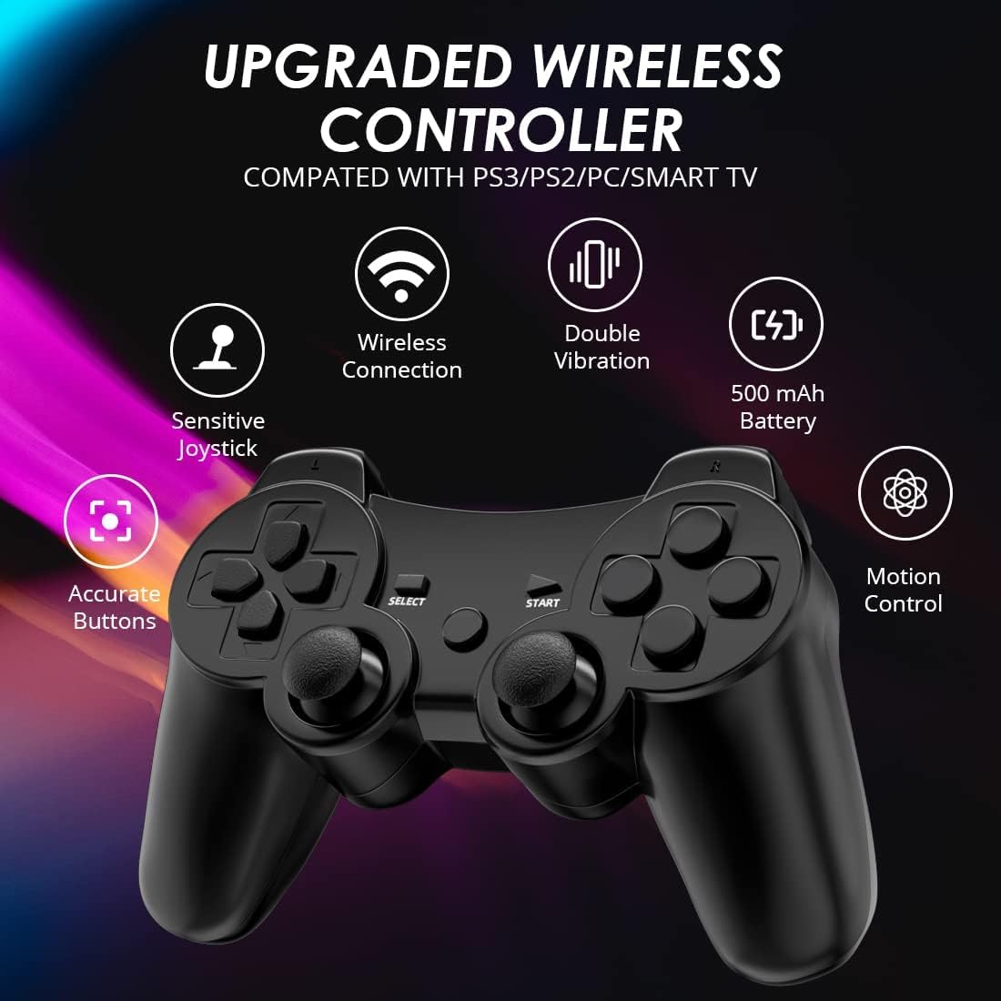 2 Pack CHENGDAO Wireless PS3 Controller for PlayStation 3 - High Performance Gamepad with Dual Shock Vibration & Motion Sensing (Black) | Perfect for Gaming, Streaming & Multiplayer Sessions